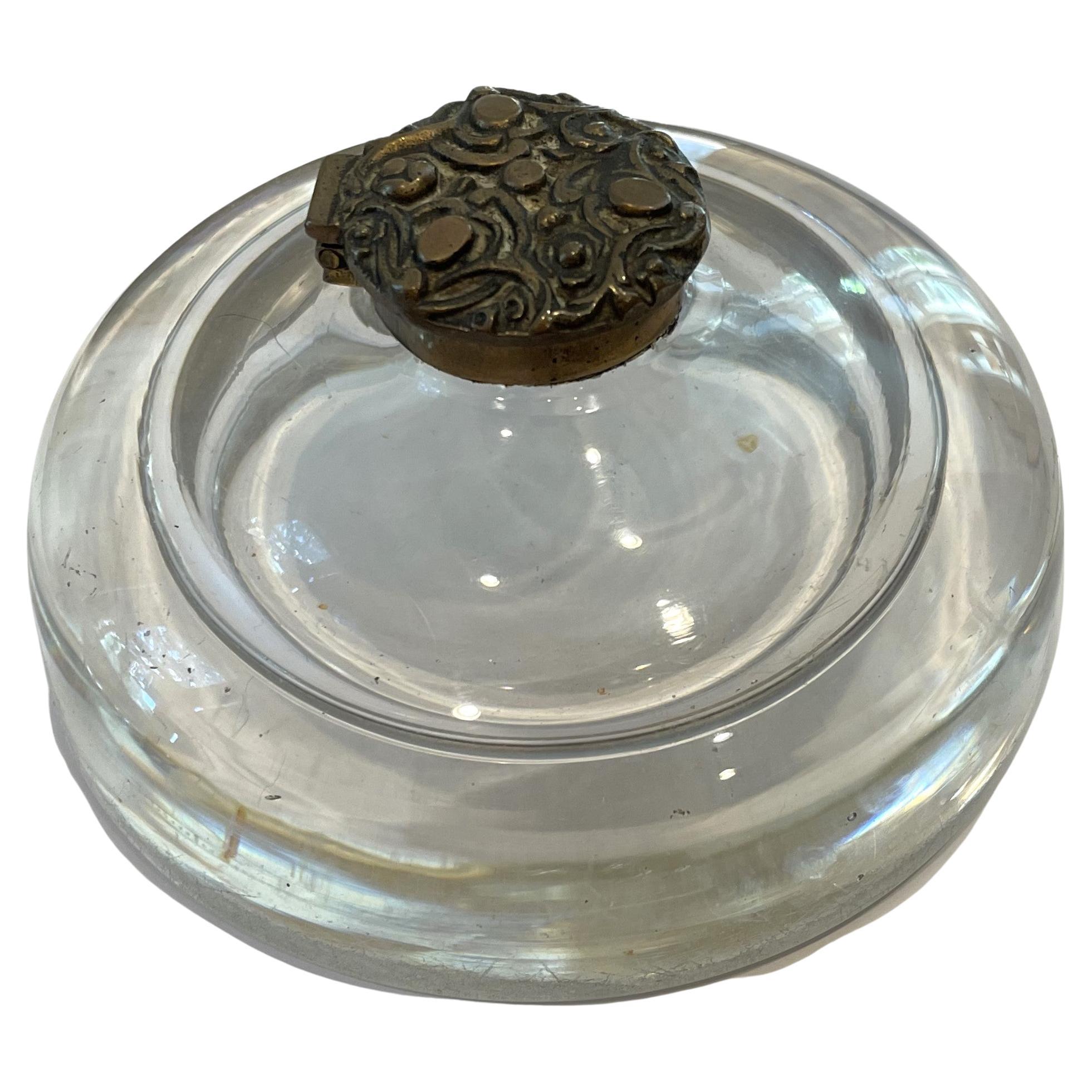 Art Nouveau Repousse Brass & Glass Inkwell For Sale