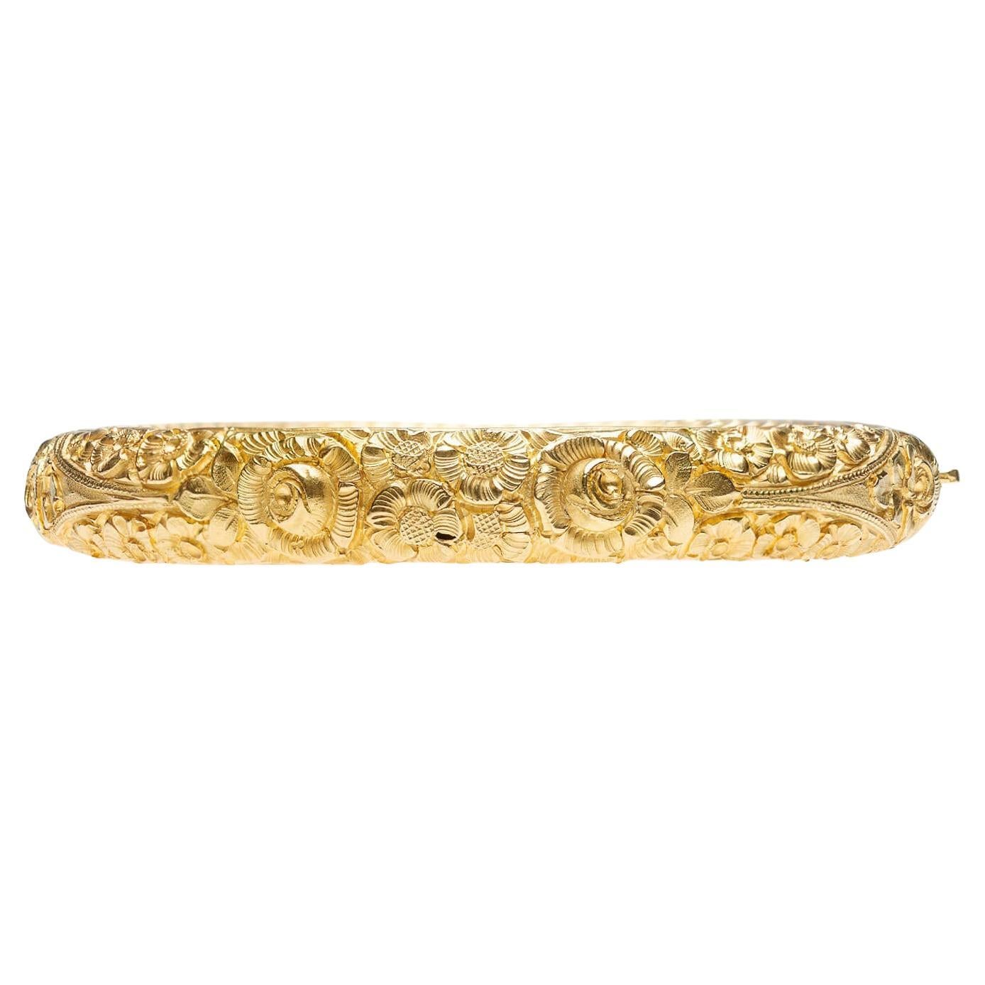 Art Nouveau Repoussé Floral Bangle Bracelet