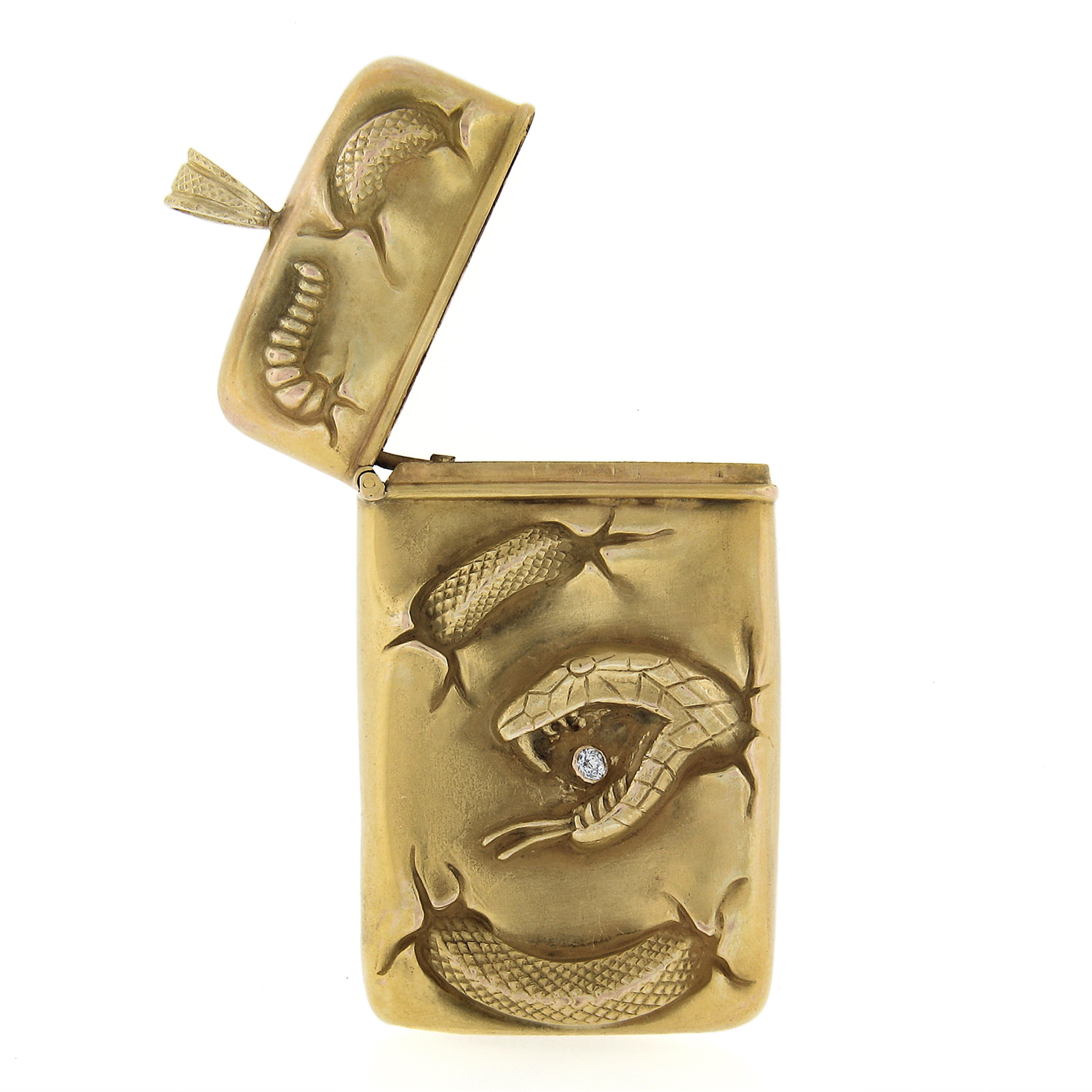 Art Nouveau Repoussé Snake 14k Gold Open Match Striker Box Pendant w/ Diamond In Good Condition For Sale In Montclair, NJ