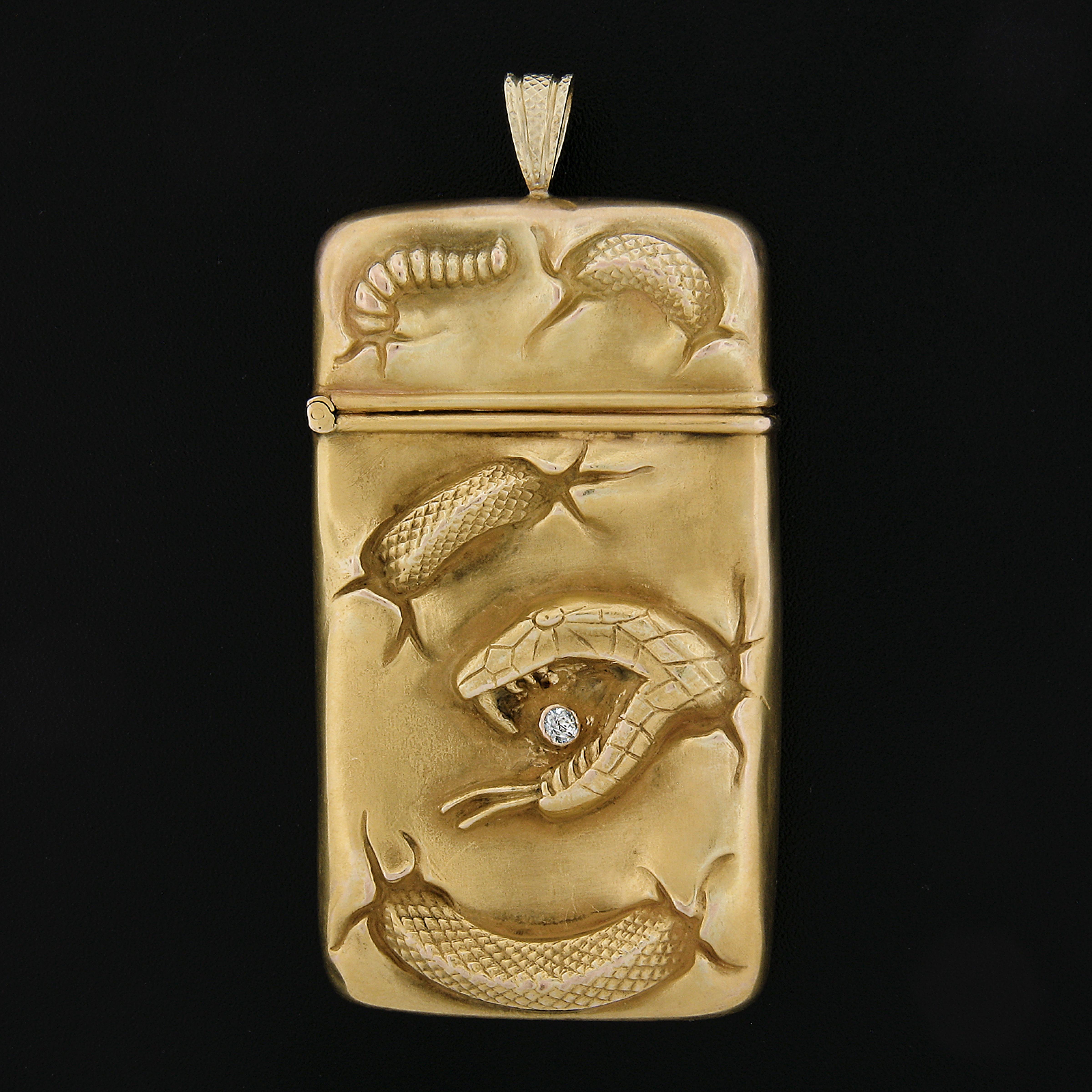 Women's or Men's Art Nouveau Repoussé Snake 14k Gold Open Match Striker Box Pendant w/ Diamond For Sale
