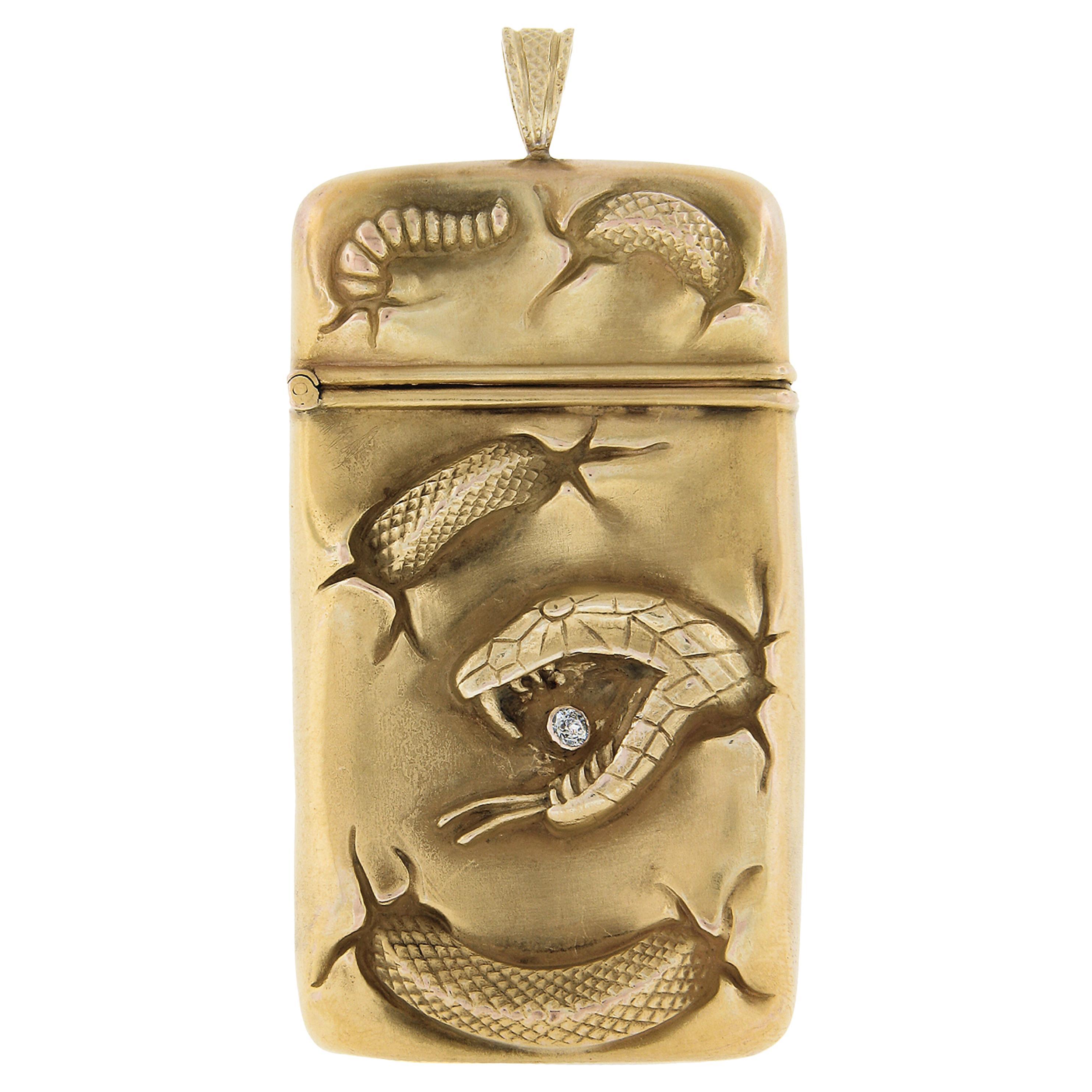 Art Nouveau Repoussé Snake 14k Gold Open Match Striker Box Pendant w/ Diamond For Sale