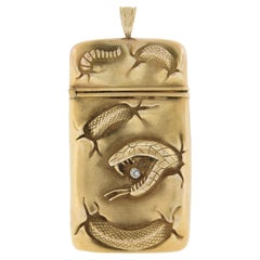 Art Nouveau Repoussé Snake 14k Gold Open Match Striker Box Pendant w/ Diamond