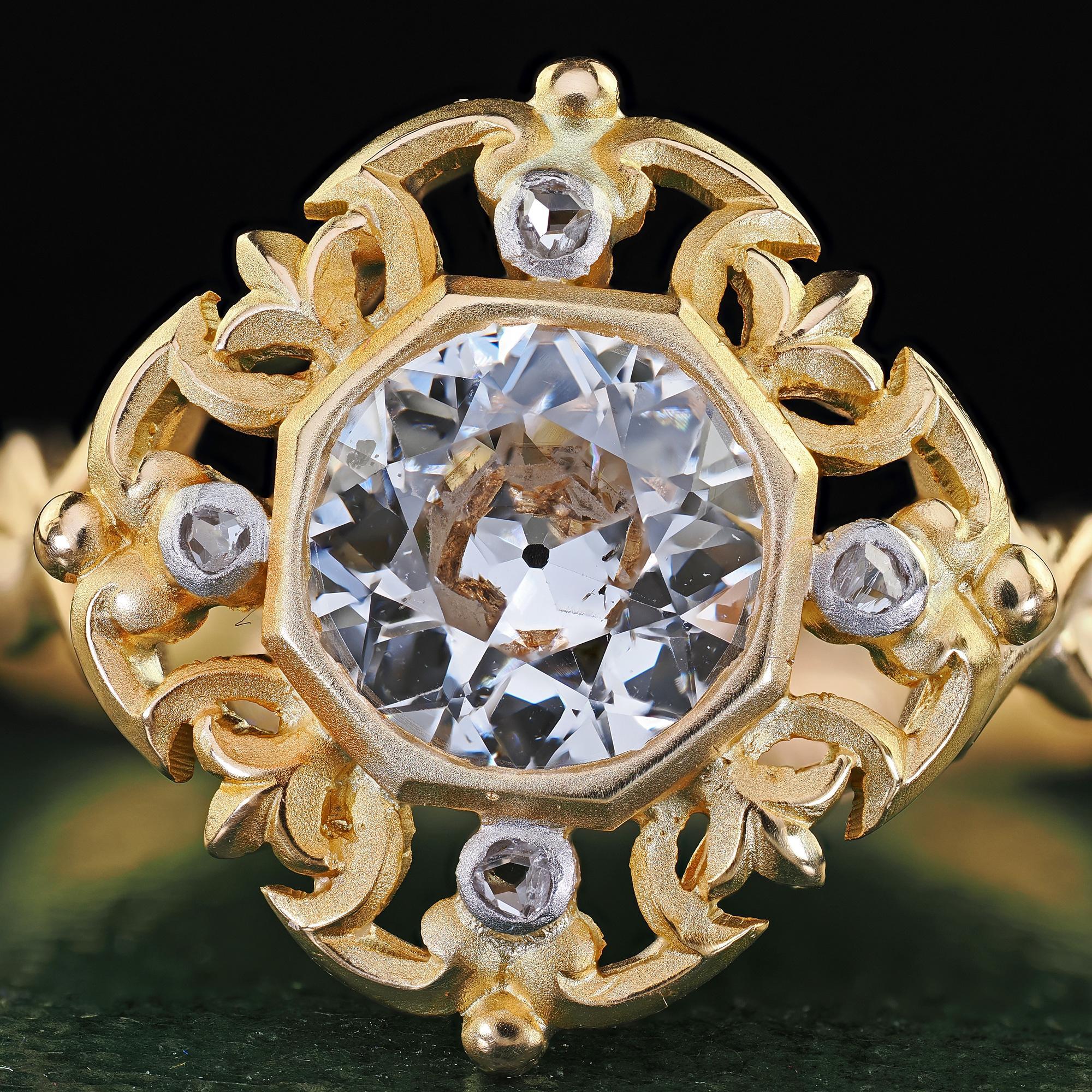 Anello di fidanzamento con diamante vecchio taglio euro in oro giallo 18 carati Art Nouveau Revival - GIA in vendita 1