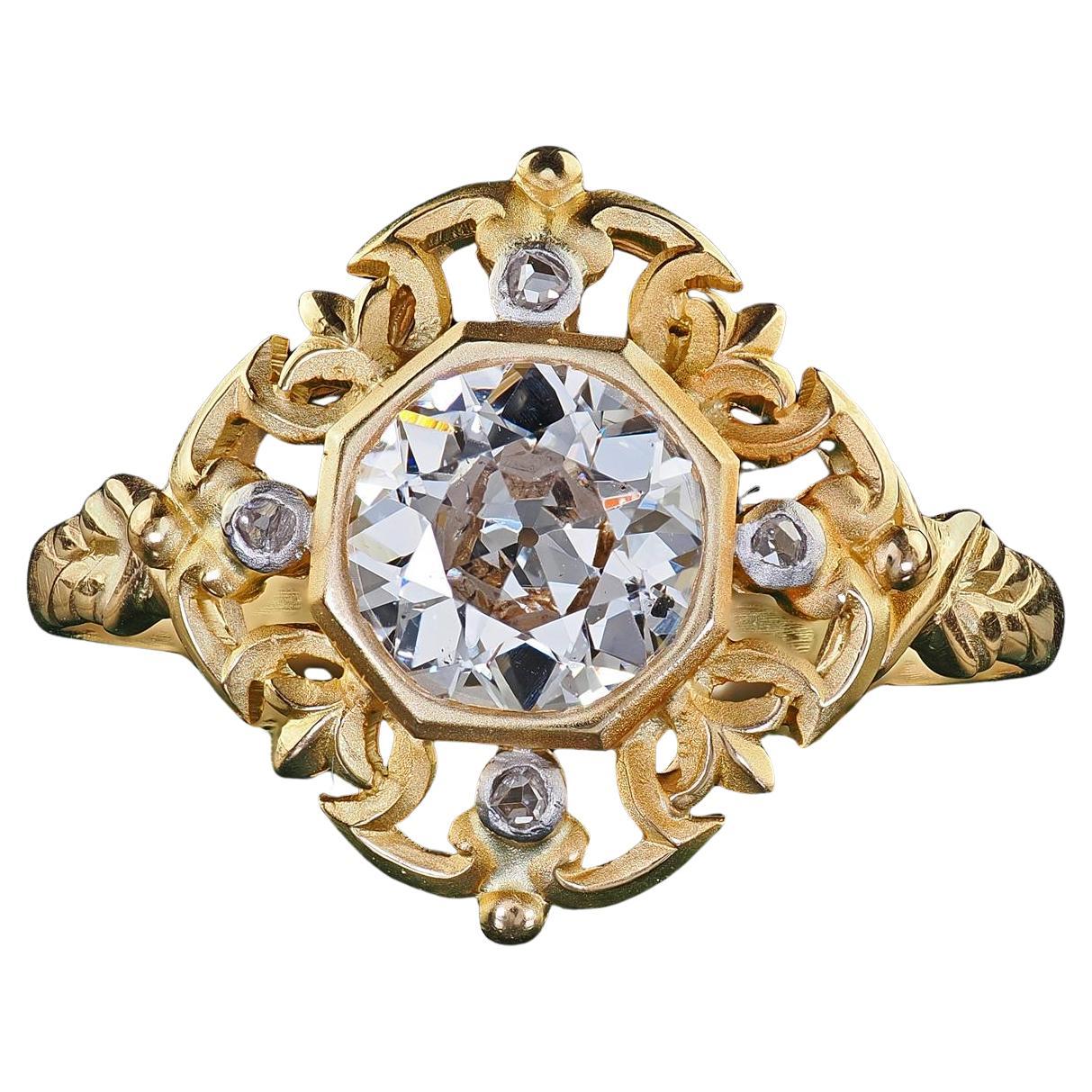 Art Nouveau Revival Bague de fiançailles en or jaune 18K avec diamant taille euro - GIA