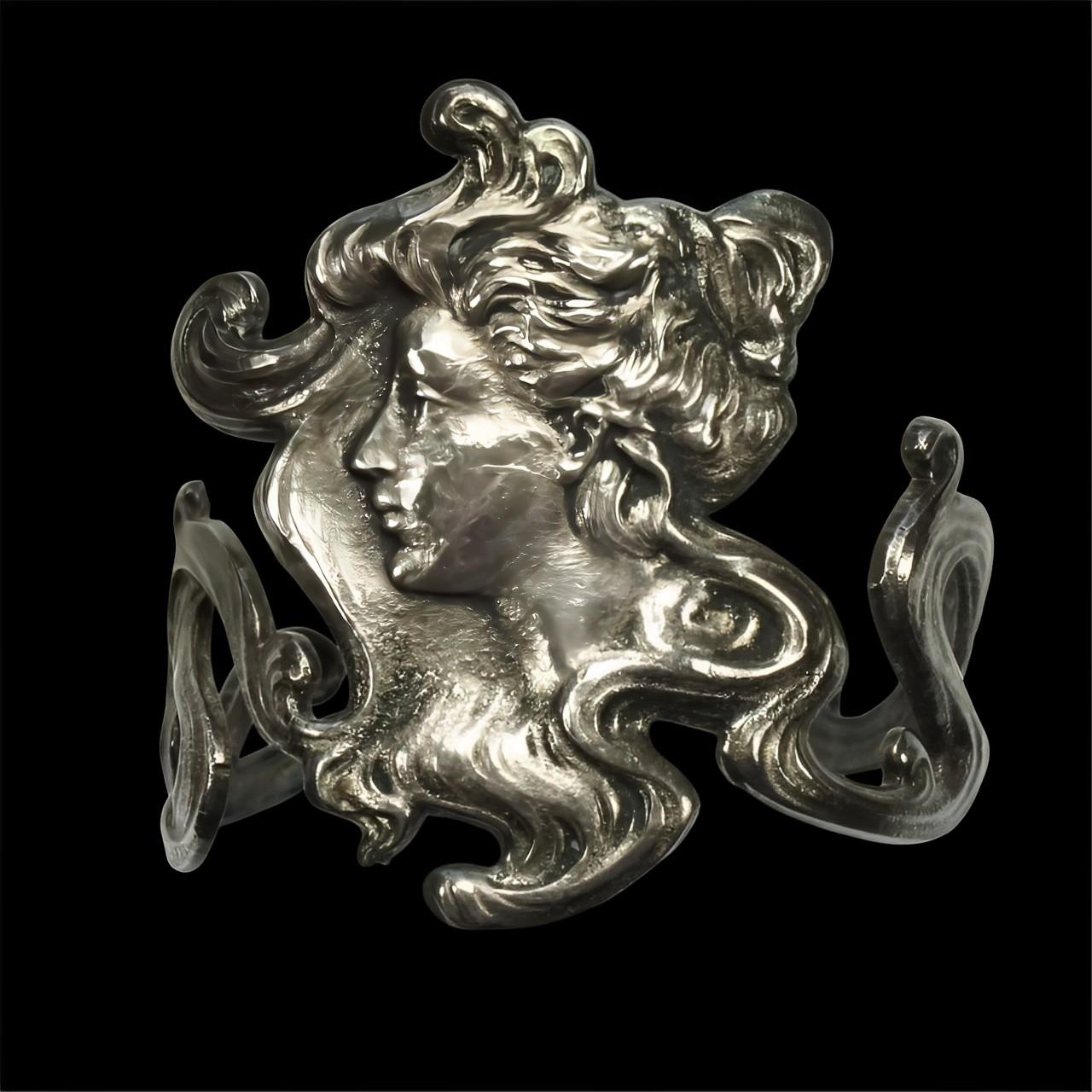 Bangle da donna Art Nouveau Revival largo in tonalità argento scuro e smalto nero in vendita 3