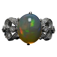 Art Nouveau Revivalist Fire Opal Diamond Engagement Ring Cocktail Oval 18 Karat