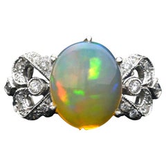Vintage Art Nouveau Revivalist Fire Opal Diamond Engagement Ring Cocktail Oval 18k Gold
