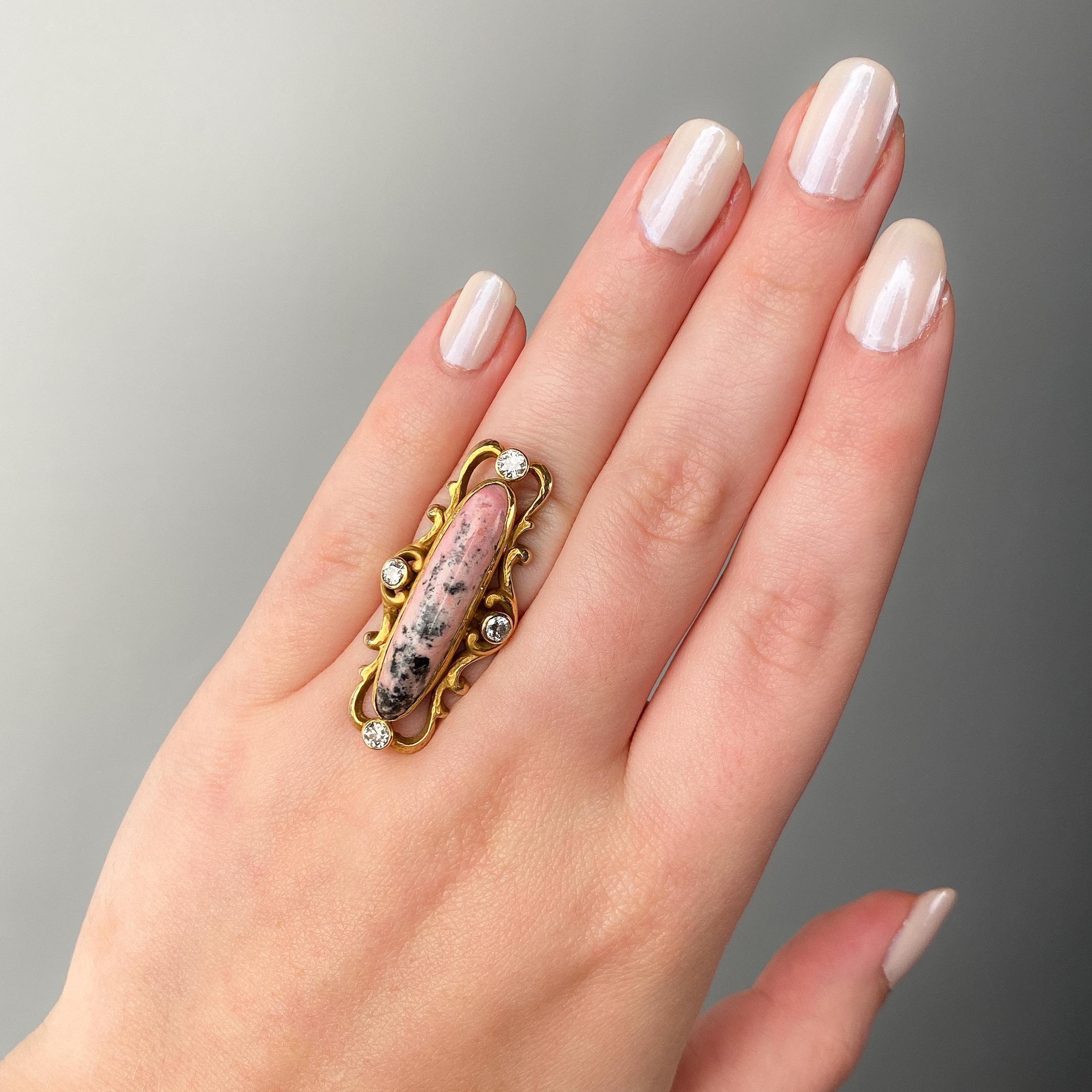 Art Nouveau Rhodonite and Diamond Ring of 10k Gold in vendita 1