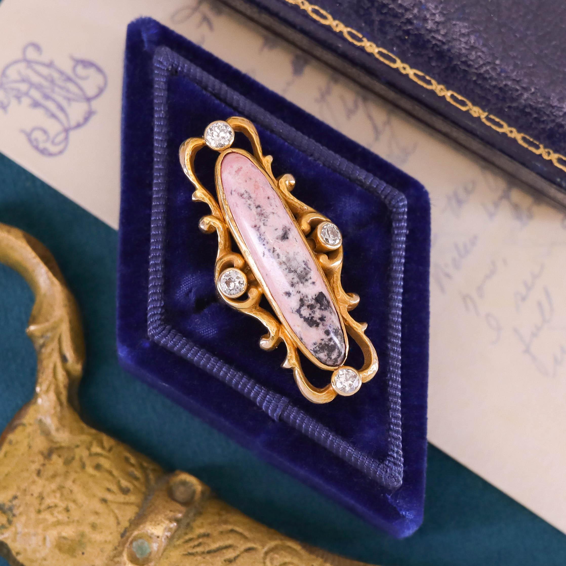 Art Nouveau Rhodonite and Diamond Ring of 10k Gold in vendita 2