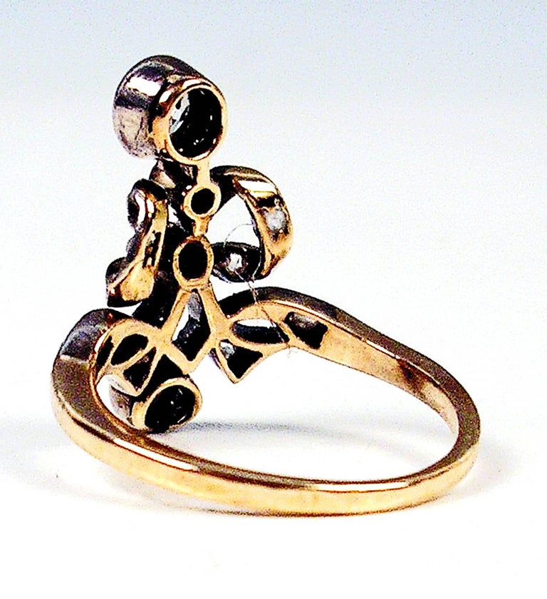 Old European Cut Art Nouveau Ribbon Shaped Ring, Diamonds 0.85 Carats And Gold, Around 1900