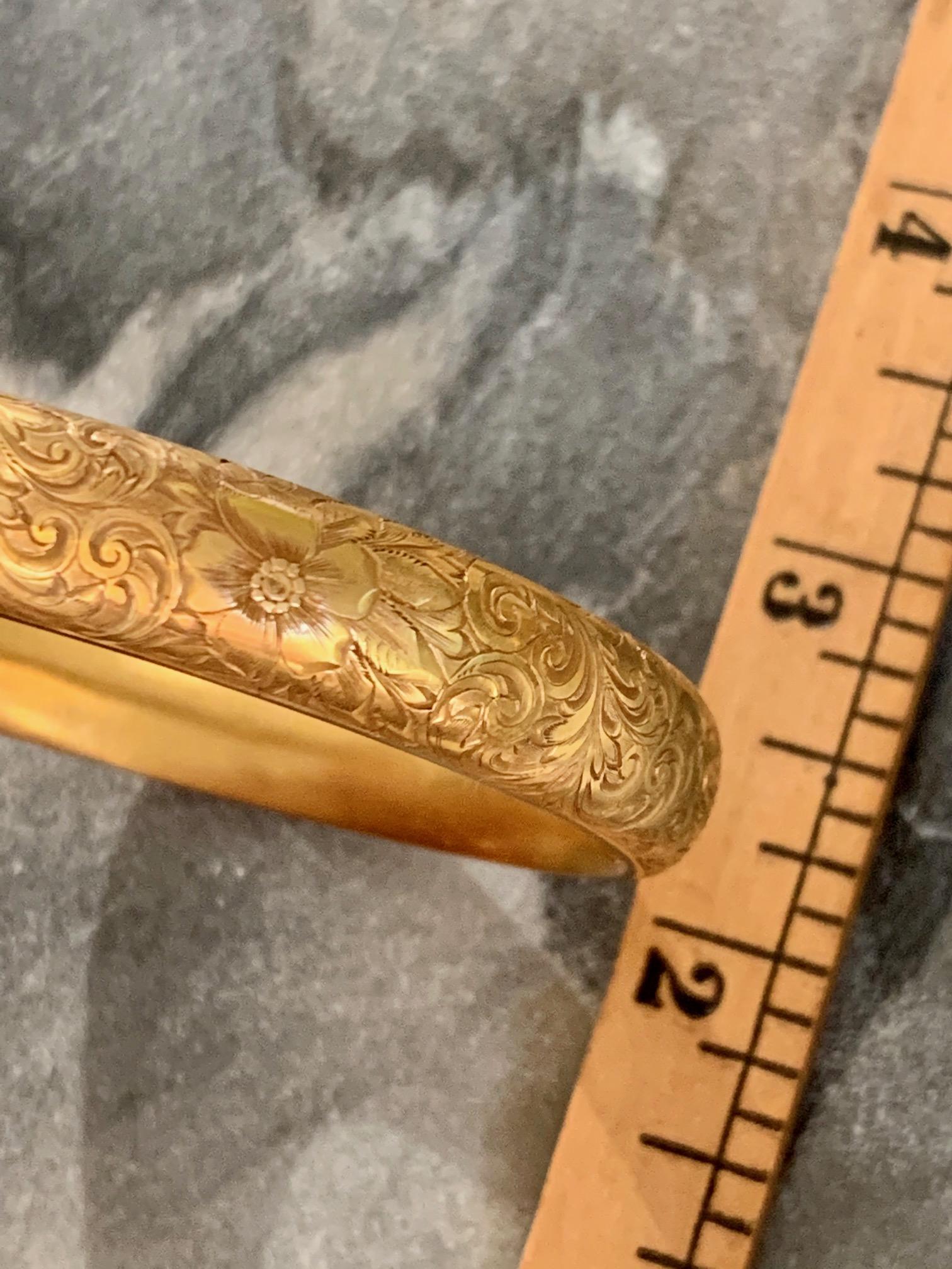 Art Nouveau Riker Brothers Engraved 14 Karat Gold Bangle Bracelet 4