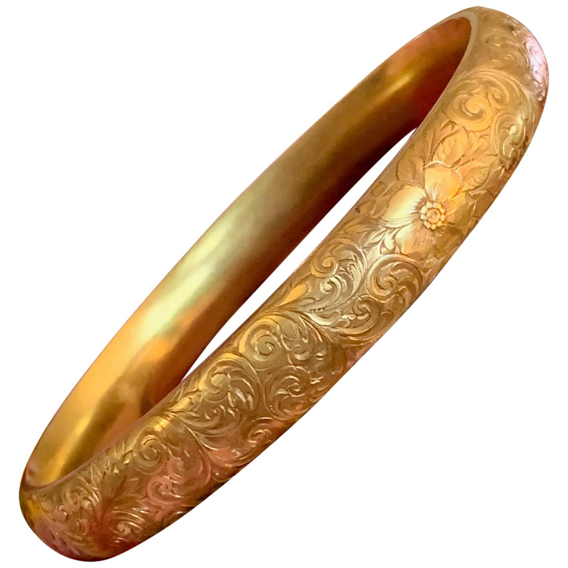 Art Nouveau Riker Brothers Engraved 14 Karat Gold Bangle Bracelet
