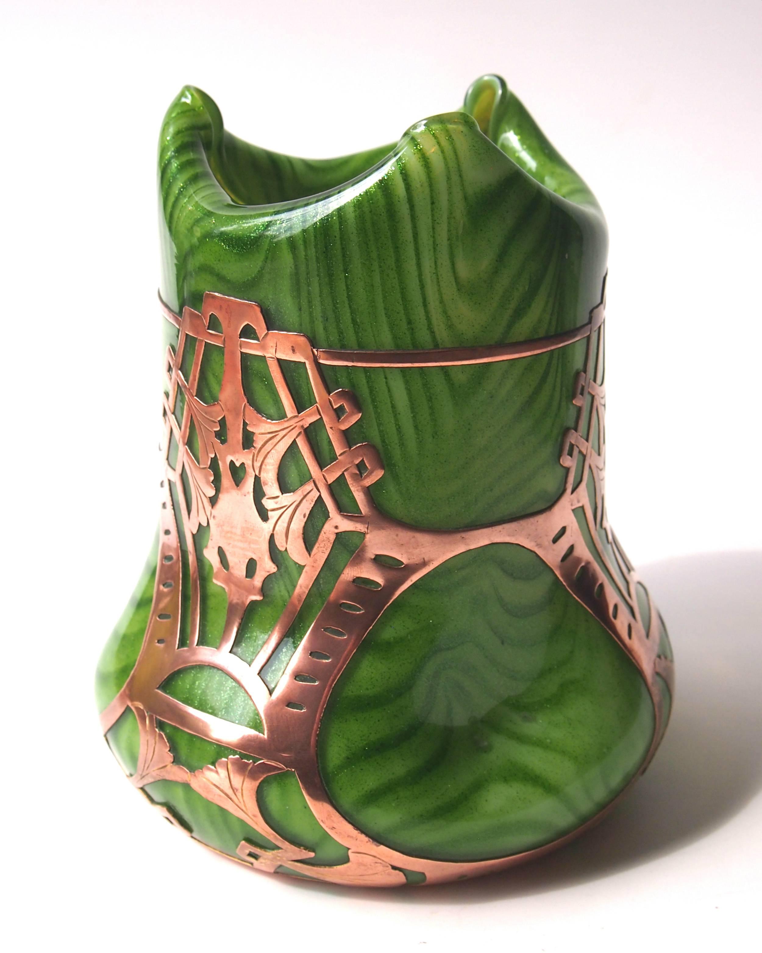 Czech Art Nouveau Bohemian Rindskopf Copper Clad & Aventurine Glass Vase