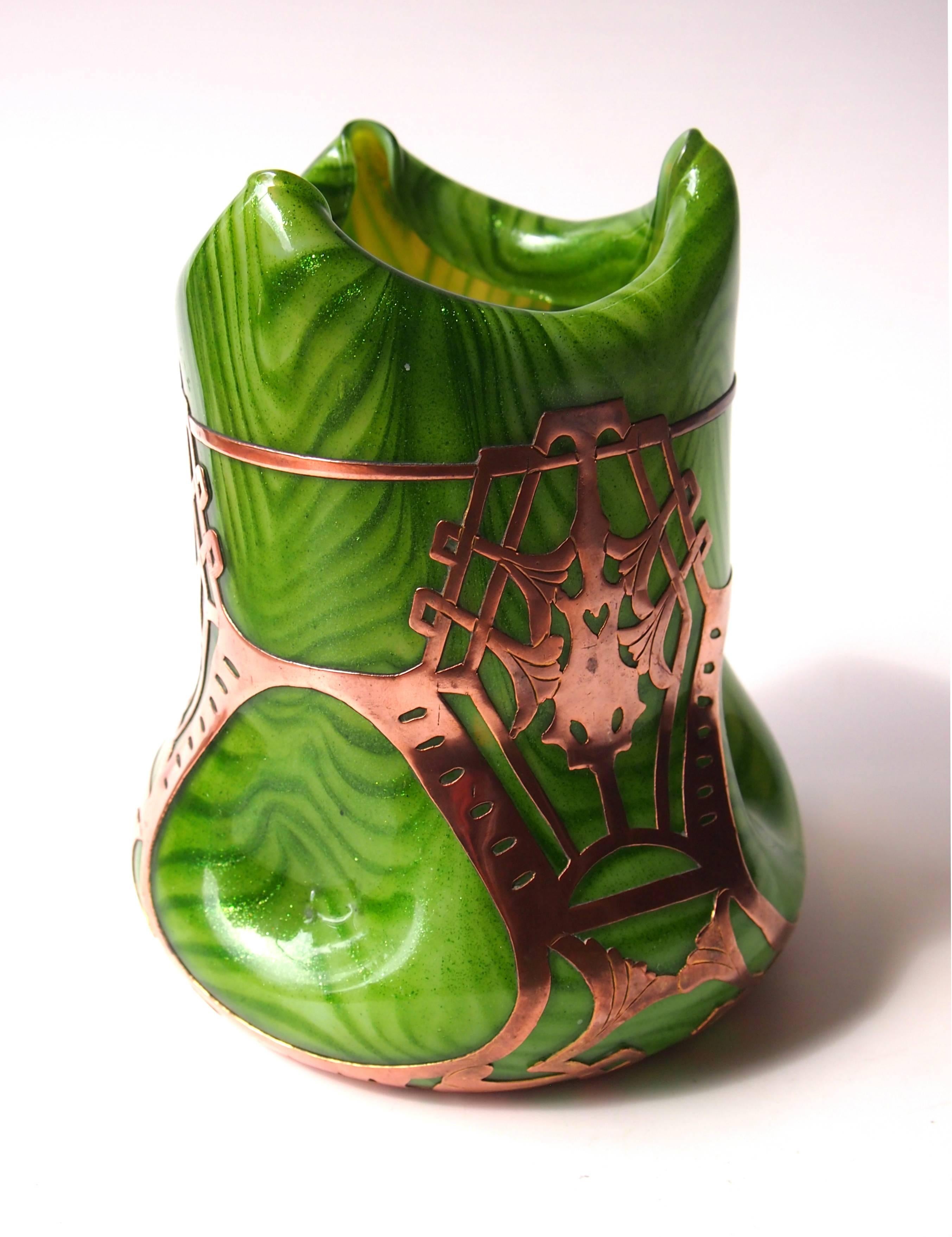 Art Nouveau Bohemian Rindskopf Copper Clad & Aventurine Glass Vase In Good Condition In London, GB
