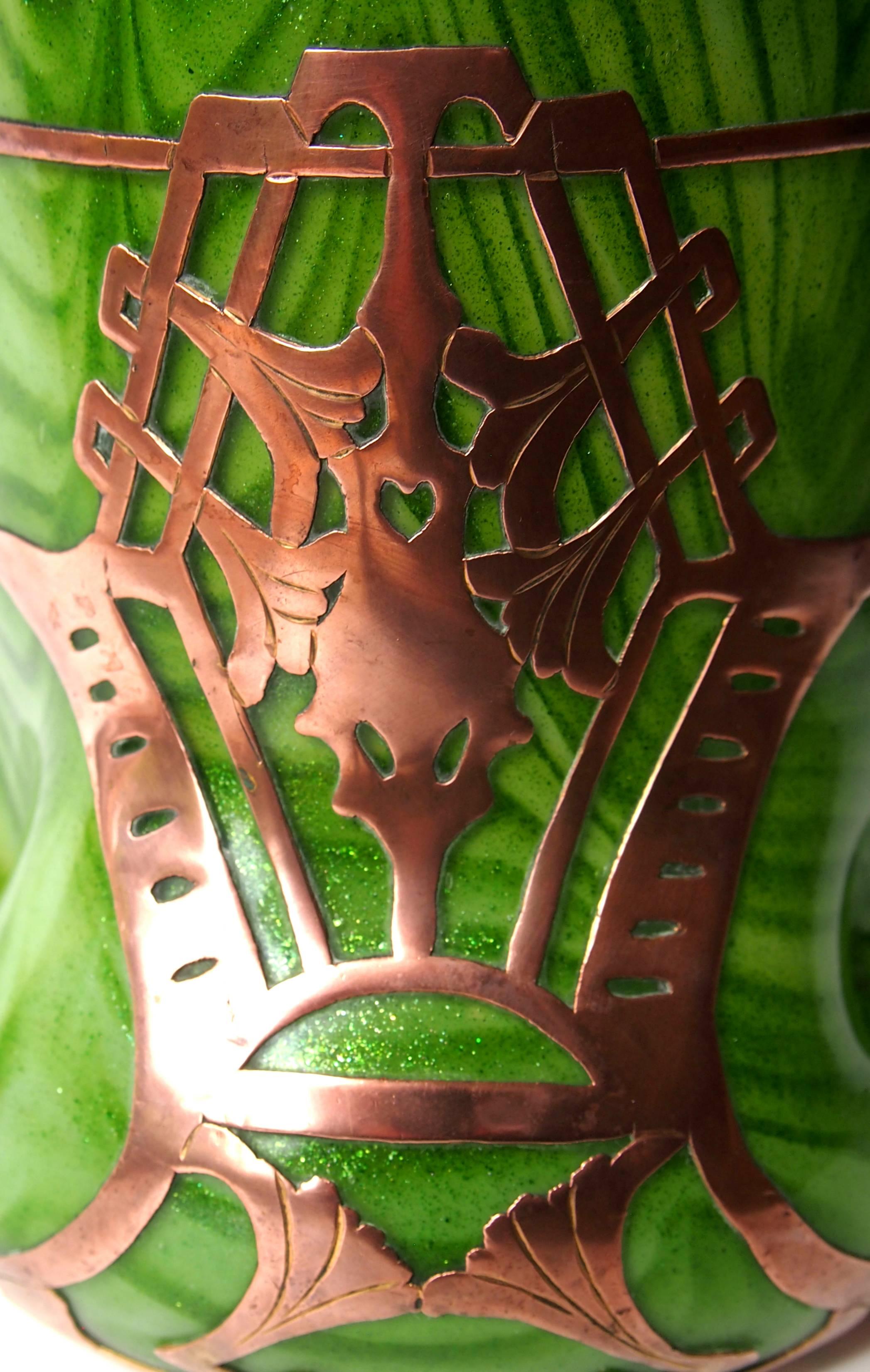 Art Nouveau Bohemian Rindskopf Copper Clad & Aventurine Glass Vase 2