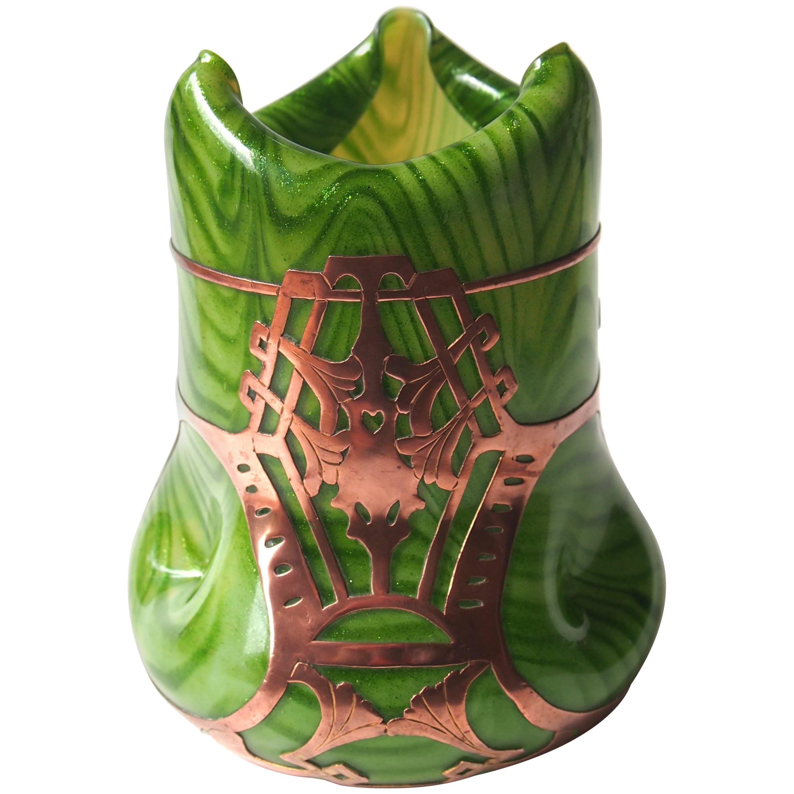 Art Nouveau Bohemian Rindskopf Copper Clad & Aventurine Glass Vase