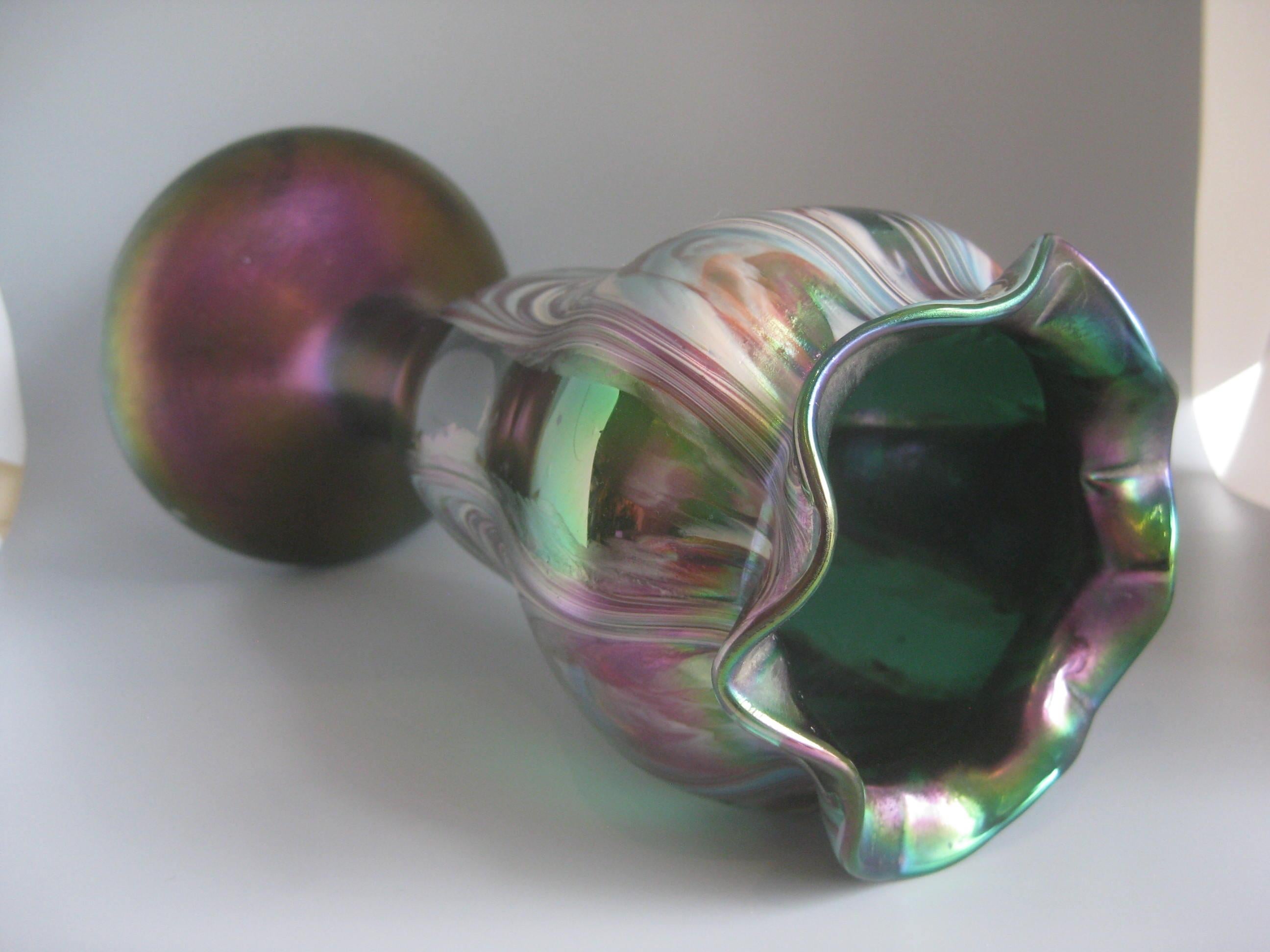 Art Nouveau Rindskopf Pulled Feather Czech Bohemian Art Glass Loetz Style Vase For Sale 9