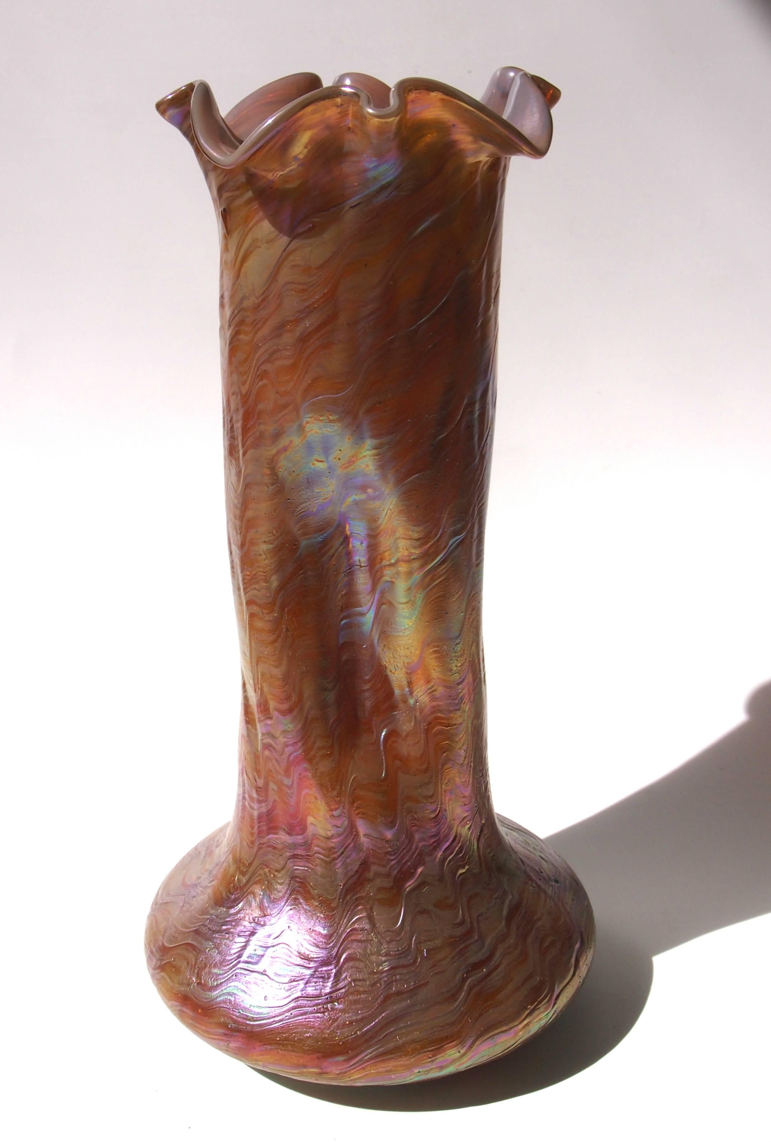 Czech Art Nouveau Bohemian Rindskopf Tall Iridized Glass Vase c1900 For Sale