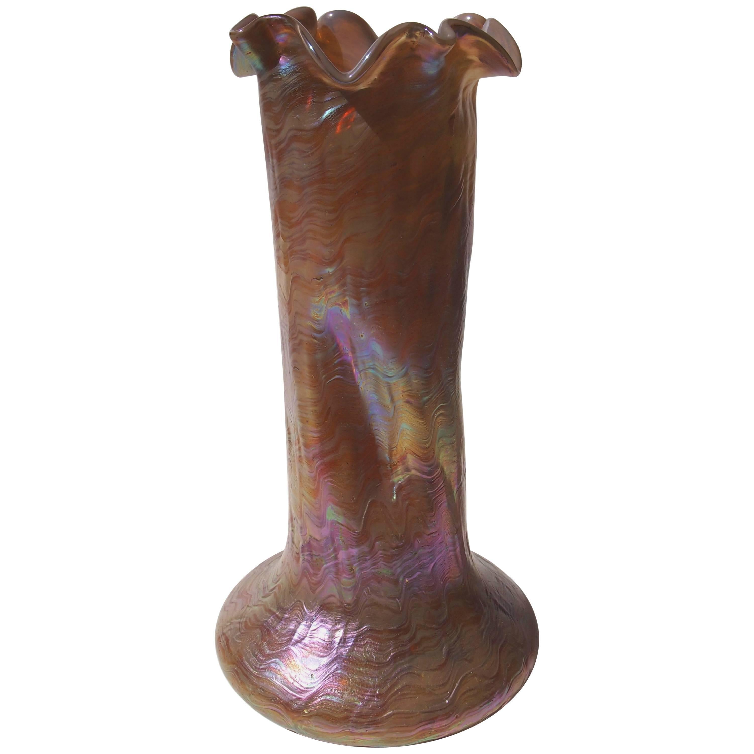 Art Nouveau Bohemian Rindskopf Tall Iridized Glass Vase c1900 For Sale