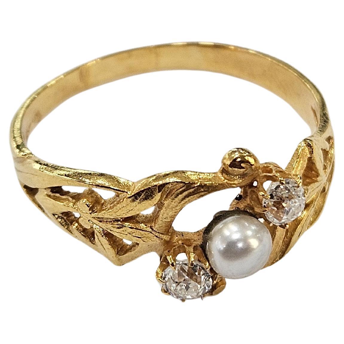 Anello Art Nouveau 1920 Diamonds Mine e Perle coltivate in oro giallo 18 Kts in vendita 6