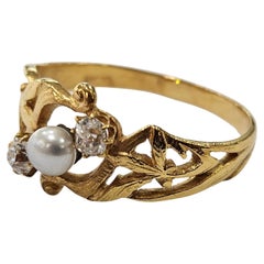 Art Nouveau Ring 1920's Old Mine Diamond and Pearl Cultured Yellow Gold 18 Kts