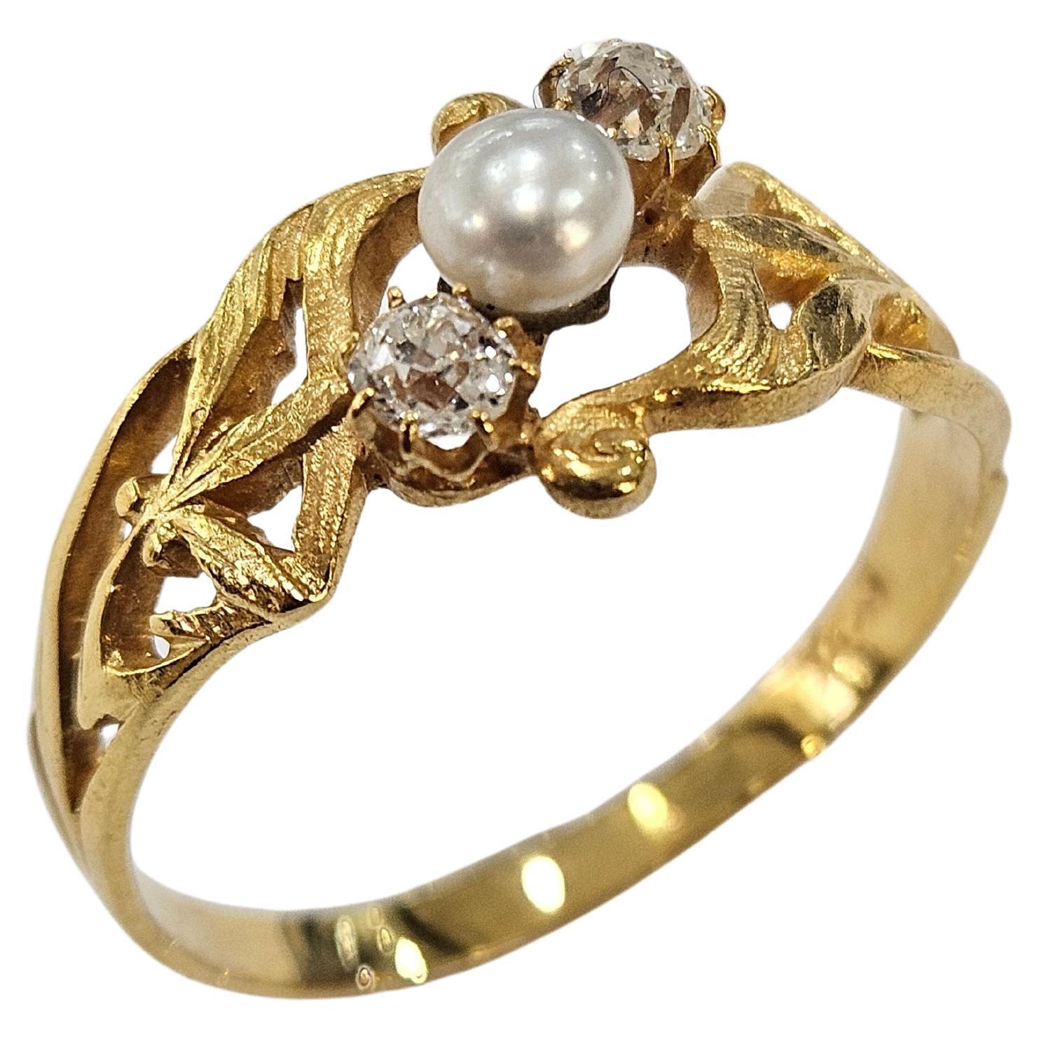 Anello Art Nouveau 1920 Diamonds Mine e Perle coltivate in oro giallo 18 Kts In condizioni buone in vendita a MADRID, ES