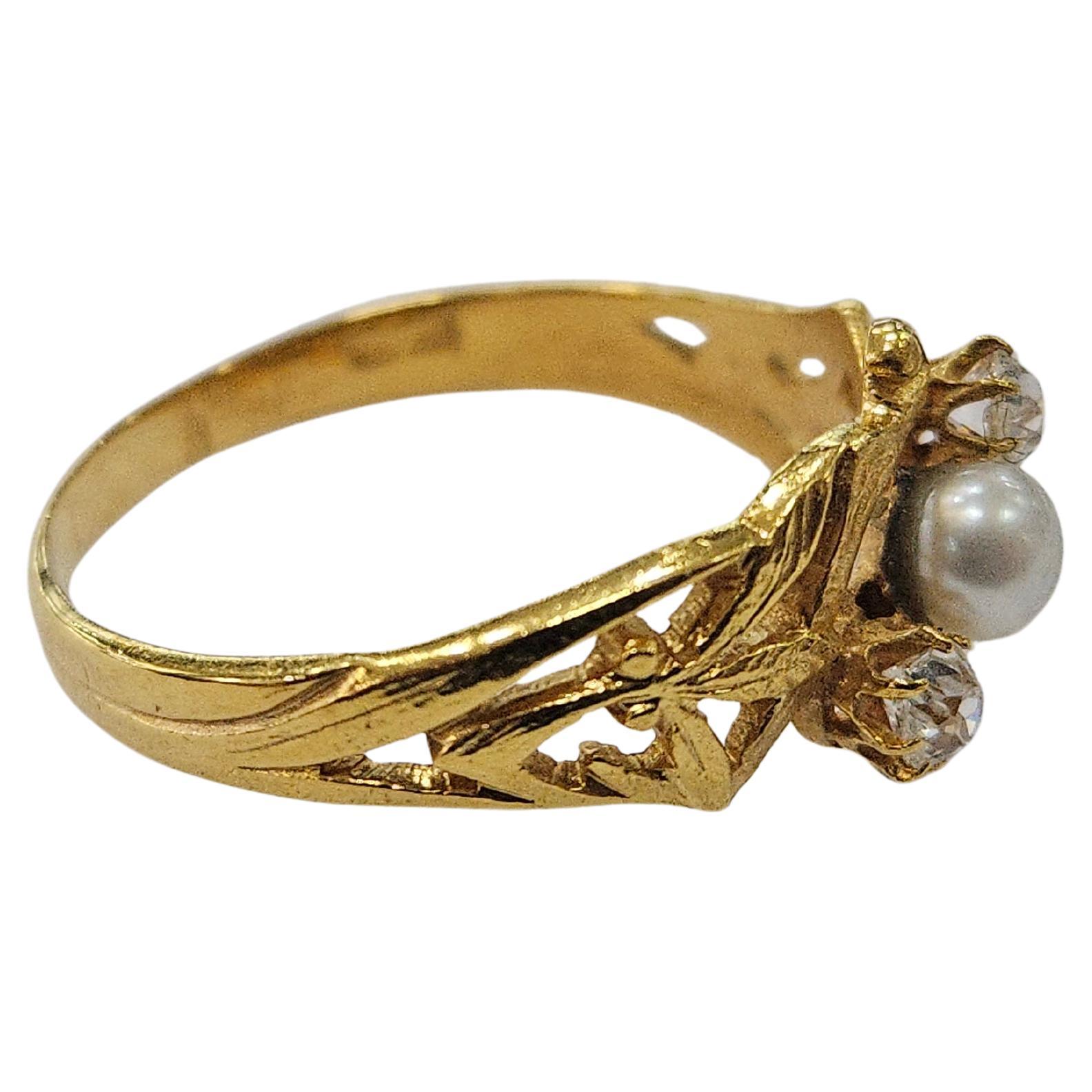 Anello Art Nouveau 1920 Diamonds Mine e Perle coltivate in oro giallo 18 Kts in vendita 2