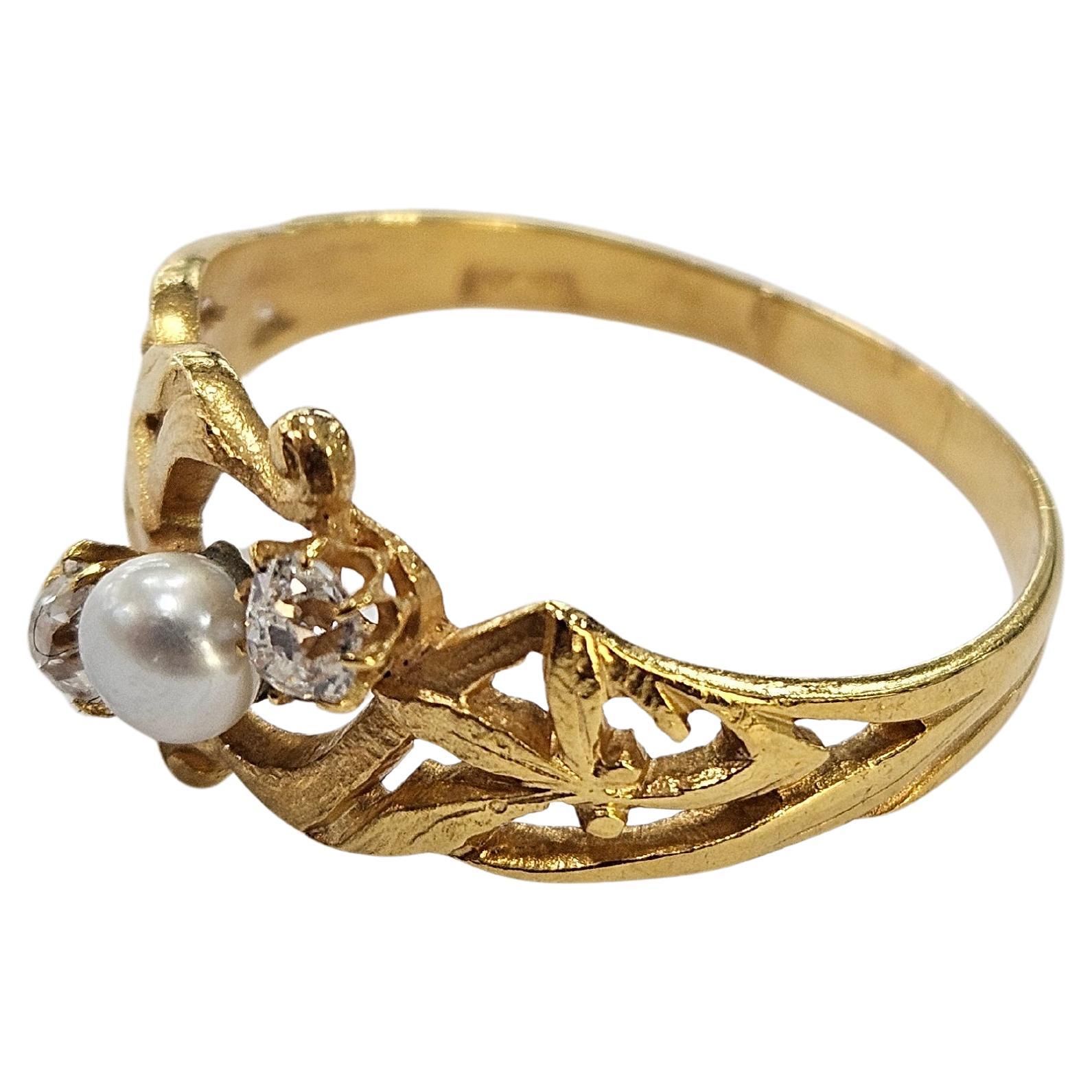 Anello Art Nouveau 1920 Diamonds Mine e Perle coltivate in oro giallo 18 Kts in vendita 4