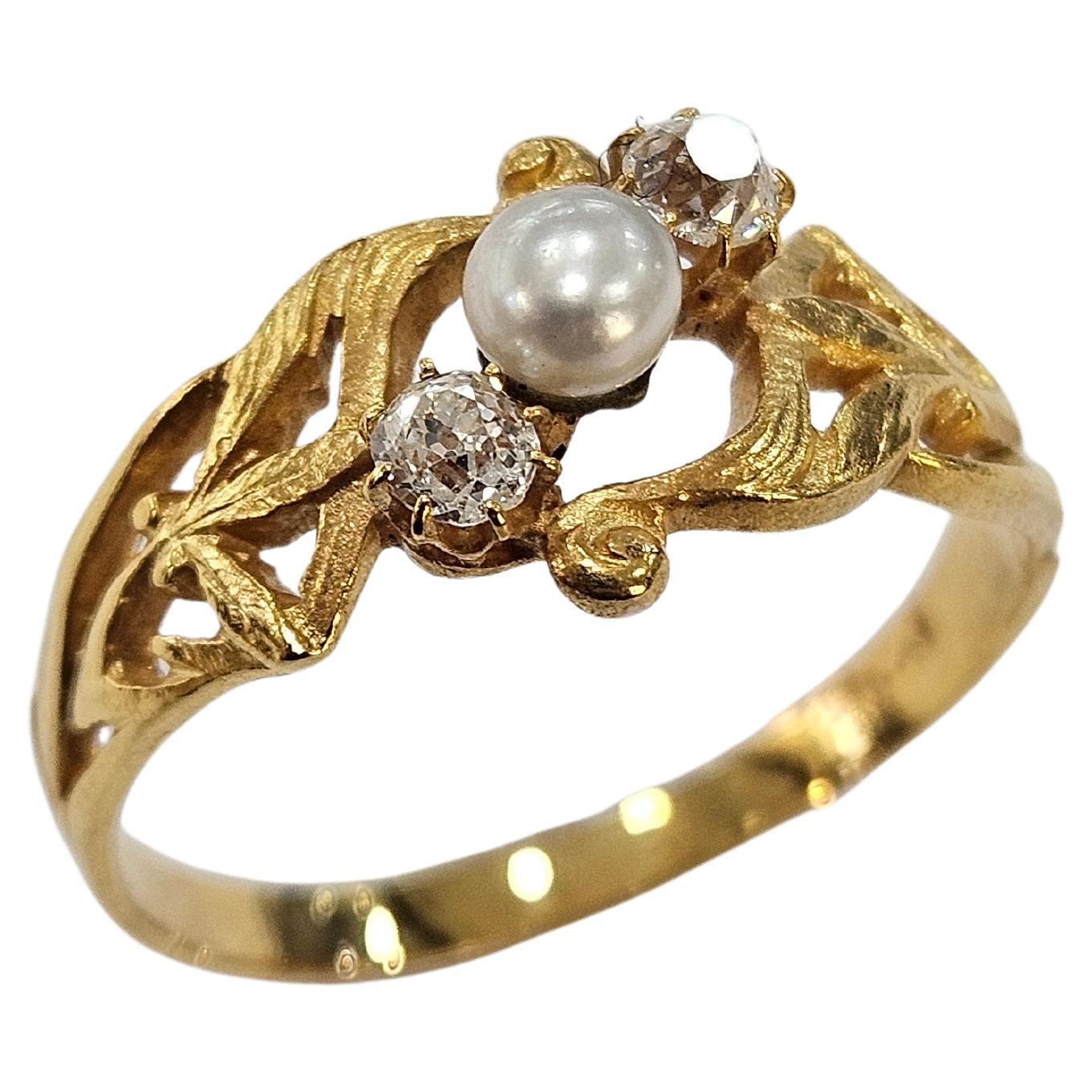 Art Nouveau Ring 1920
s Old Mine Diamond and Pearl Cultured Yellow Gold 18 Kts