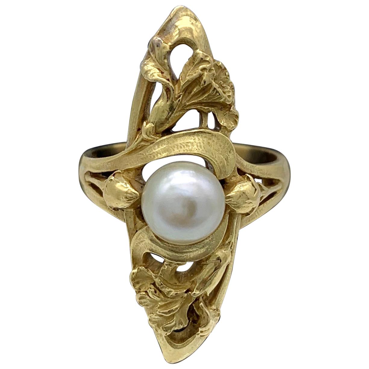 Antique Art Nouveau Ring Iris Flower Buds 18 K Yellow Gold Oriental Pearl France For Sale