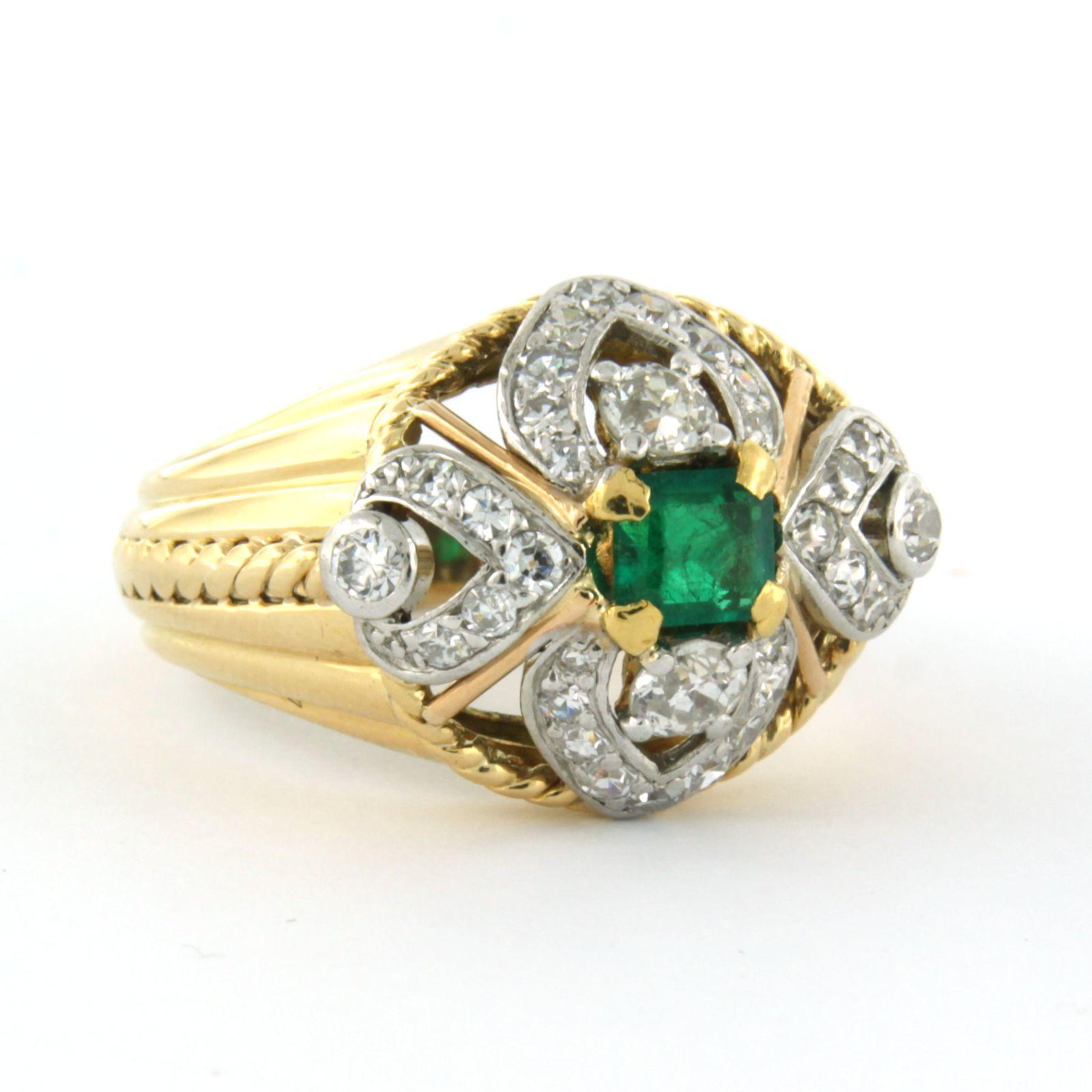 Single Cut ART NOUVEAU ring set with emerald and diamond 18k bicolor gold For Sale