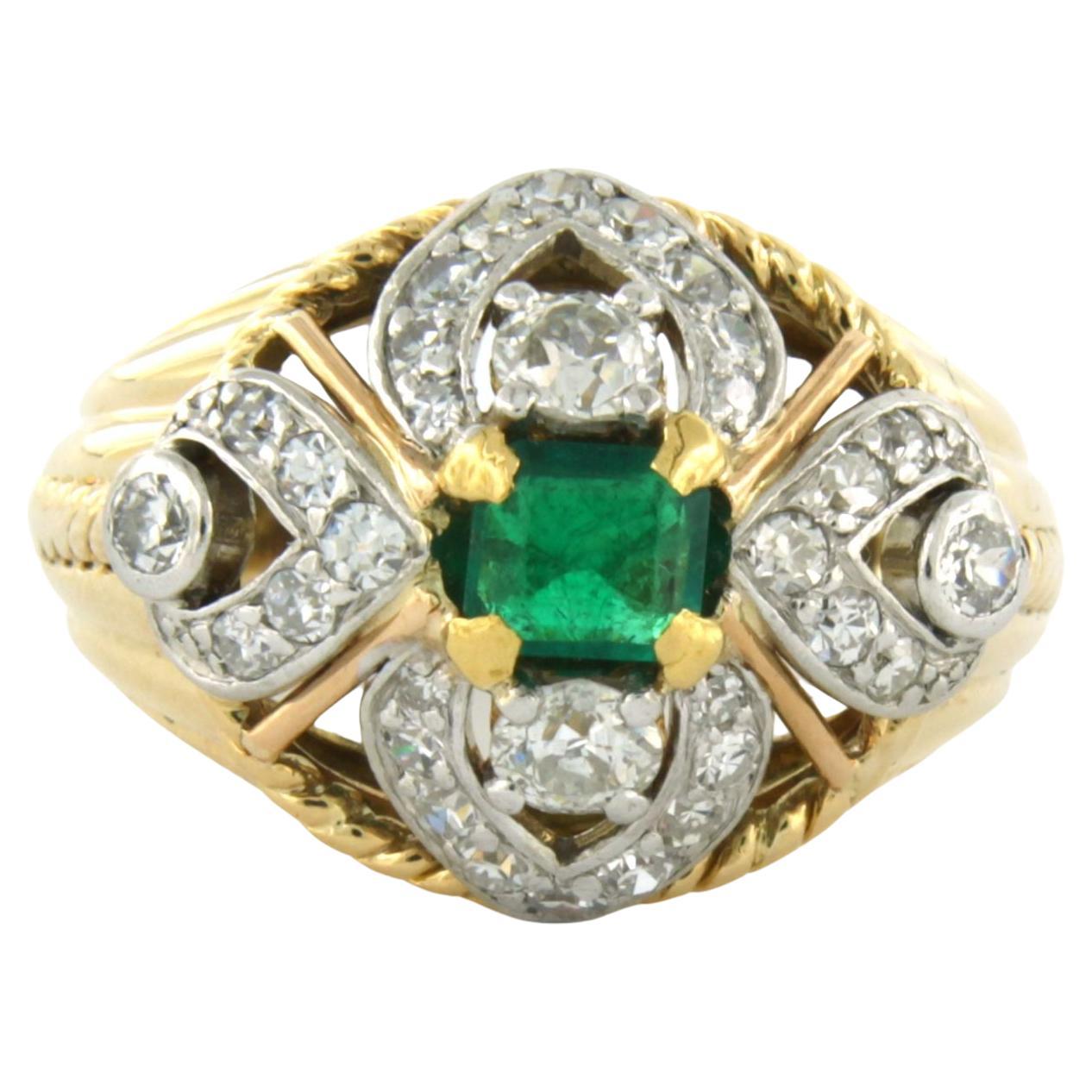 ART NOUVEAU ring set with emerald and diamond 18k bicolor gold