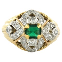 Antique ART NOUVEAU ring set with emerald and diamond 18k bicolor gold