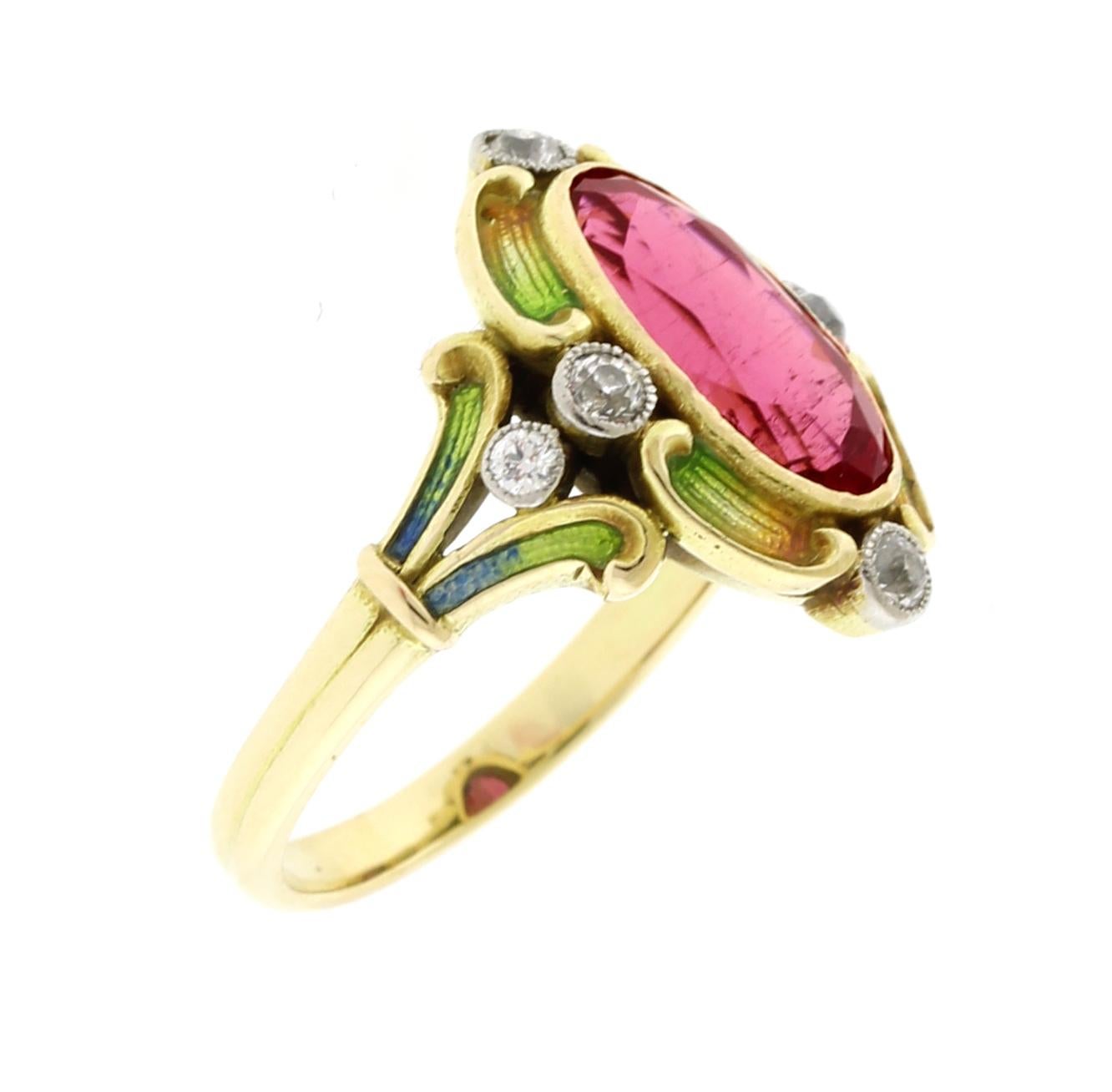 Oval Cut Art Nouveau Ring with a Pink Tourmaline, Diamonds and Enamel