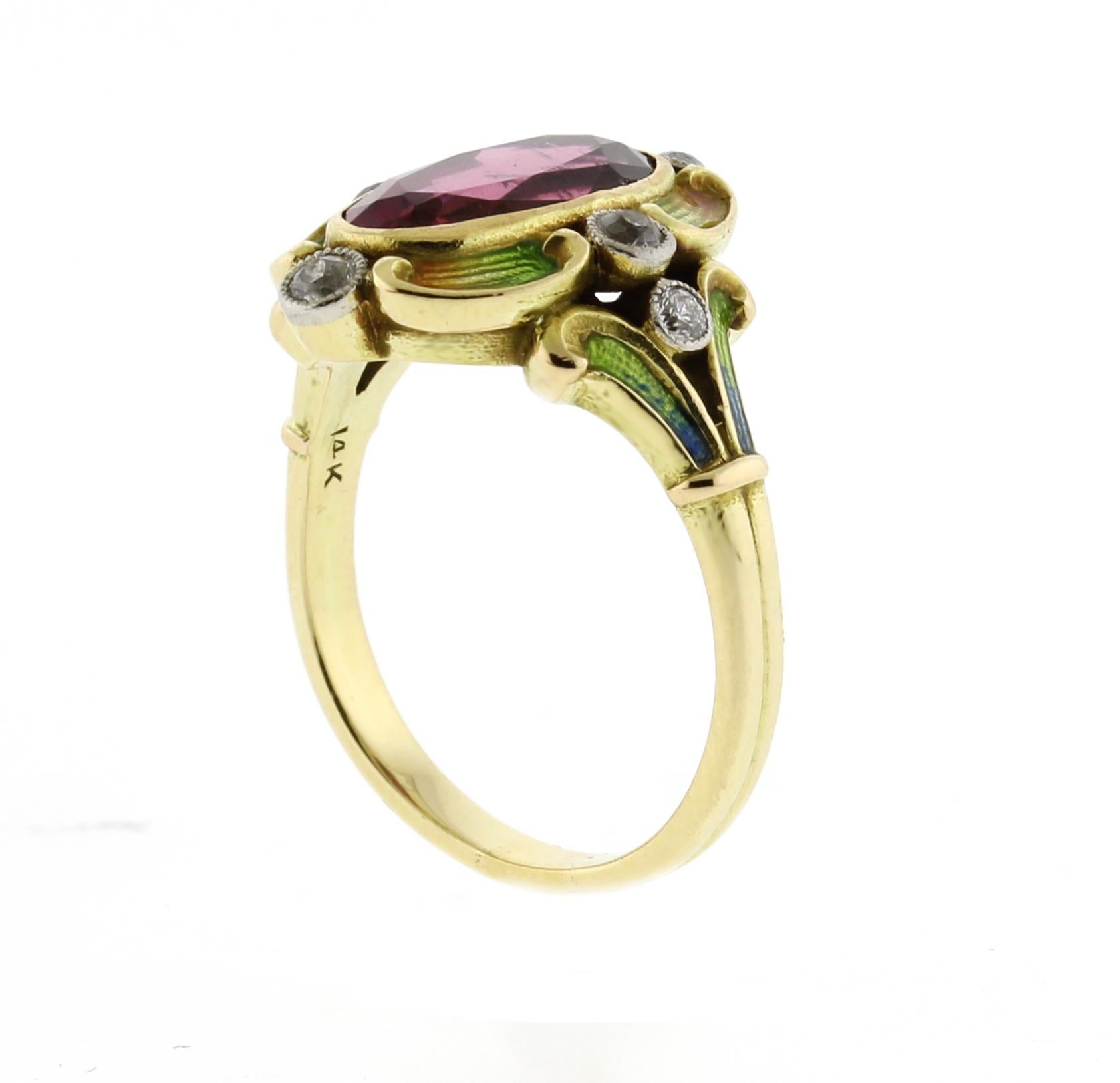Art Nouveau Ring with a Pink Tourmaline, Diamonds and Enamel In Good Condition In Bethesda, MD