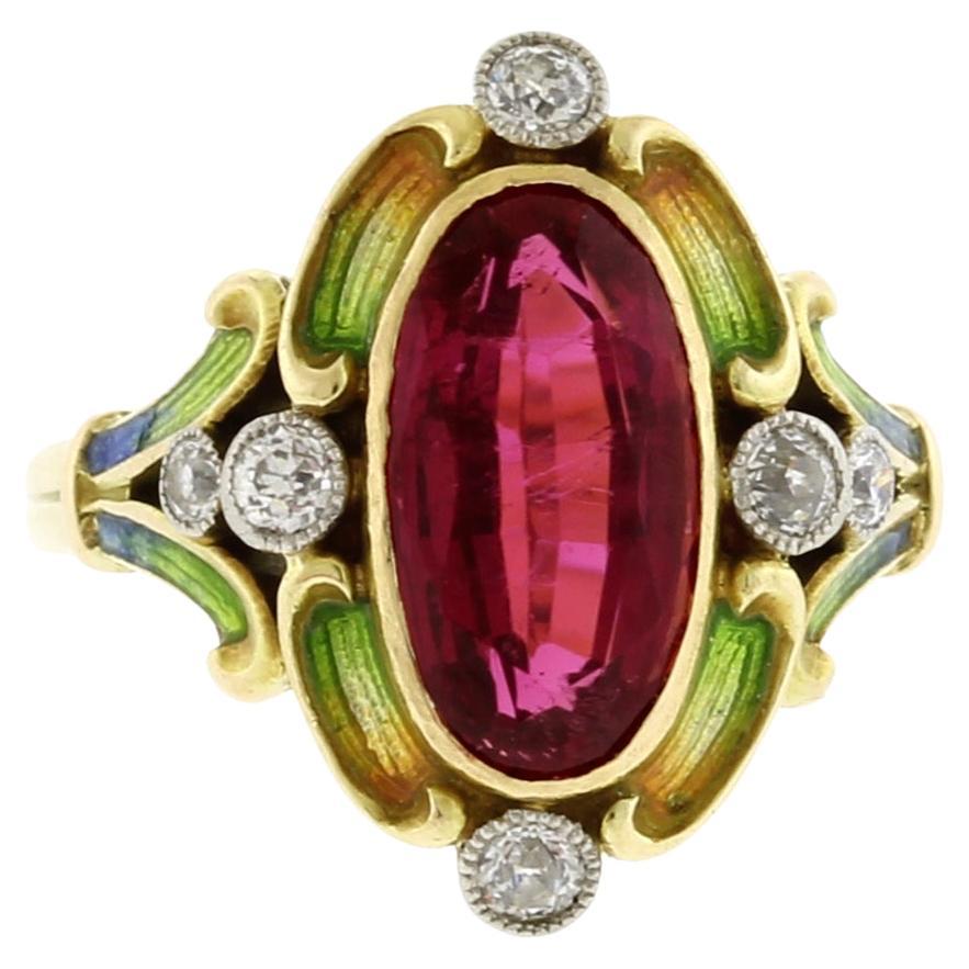 Art Nouveau Ring with a Pink Tourmaline, Diamonds and Enamel