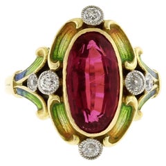 Antique Art Nouveau Ring with a Pink Tourmaline, Diamonds and Enamel