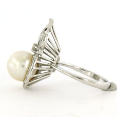 ART NOUVEAU Ring with pearl and single cut diamonds up to 0.20ct 14k white gold