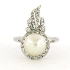 Bague ART NOUVEAU avec perles et diamants taille unique jusqu'à 0,20 ct or blanc 14 carats