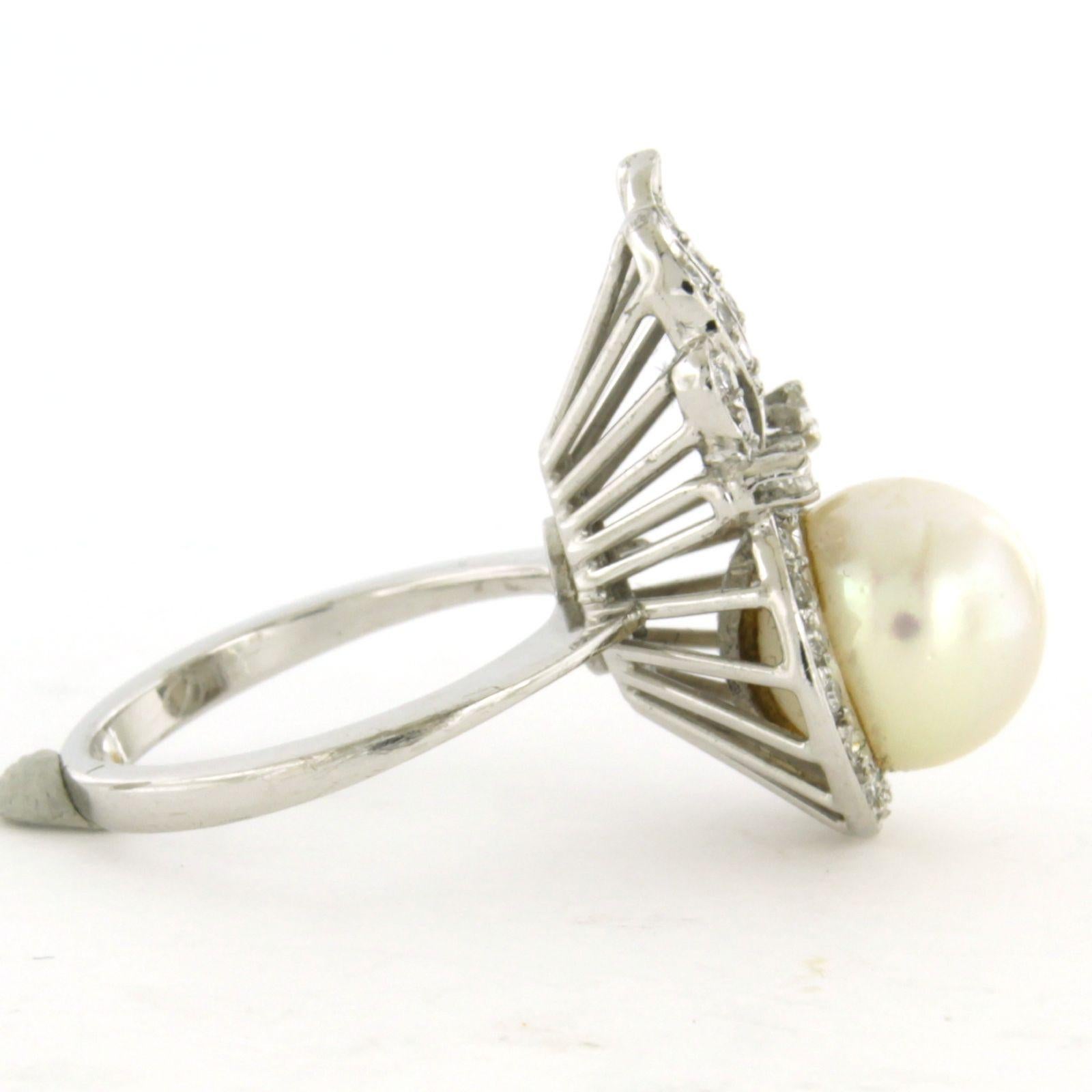 Single Cut ART NOUVEAU Ring with pearl and single cut diamonds up to 0.20ct 14k white gold For Sale