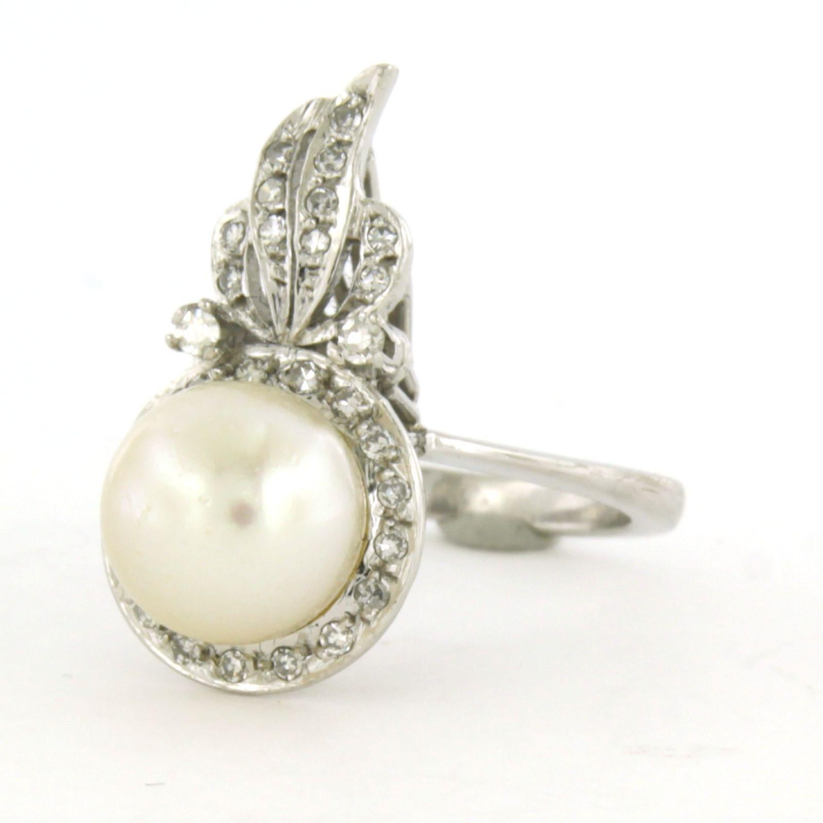 Women's ART NOUVEAU Ring with pearl and single cut diamonds up to 0.20ct 14k white gold For Sale