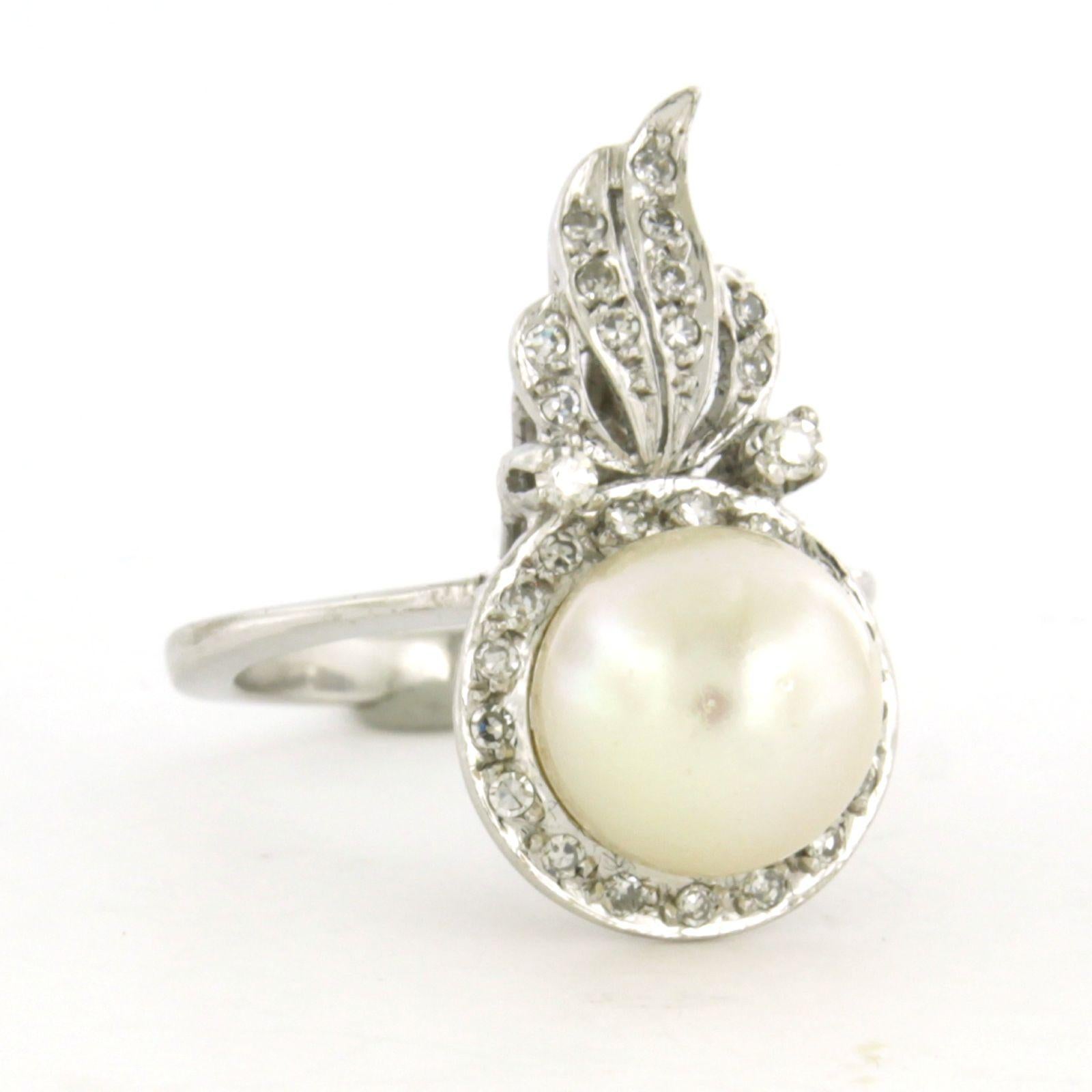 ART NOUVEAU Ring with pearl and single cut diamonds up to 0.20ct 14k white gold For Sale 1