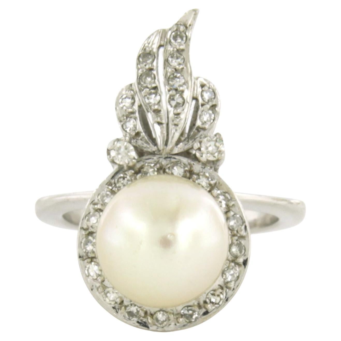 ART NOUVEAU Ring with pearl and single cut diamonds up to 0.20ct 14k white gold For Sale