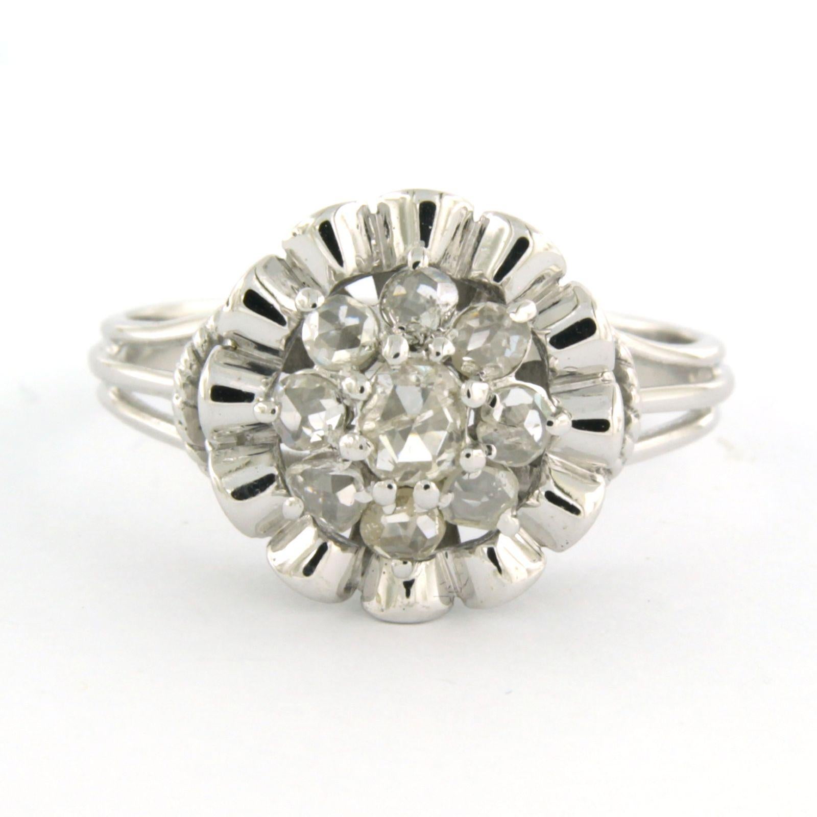 18k white gold ring set with rose diamonds up to 0.25ct – G/H – SI - ring size US 9 - EU 19(60)

detailed description:

The top of the ring is 1.4 cm wide by 9.6 mm high

Ring size US 9 - EU 19(60), ring can be enlarged and reduced a few sizes at