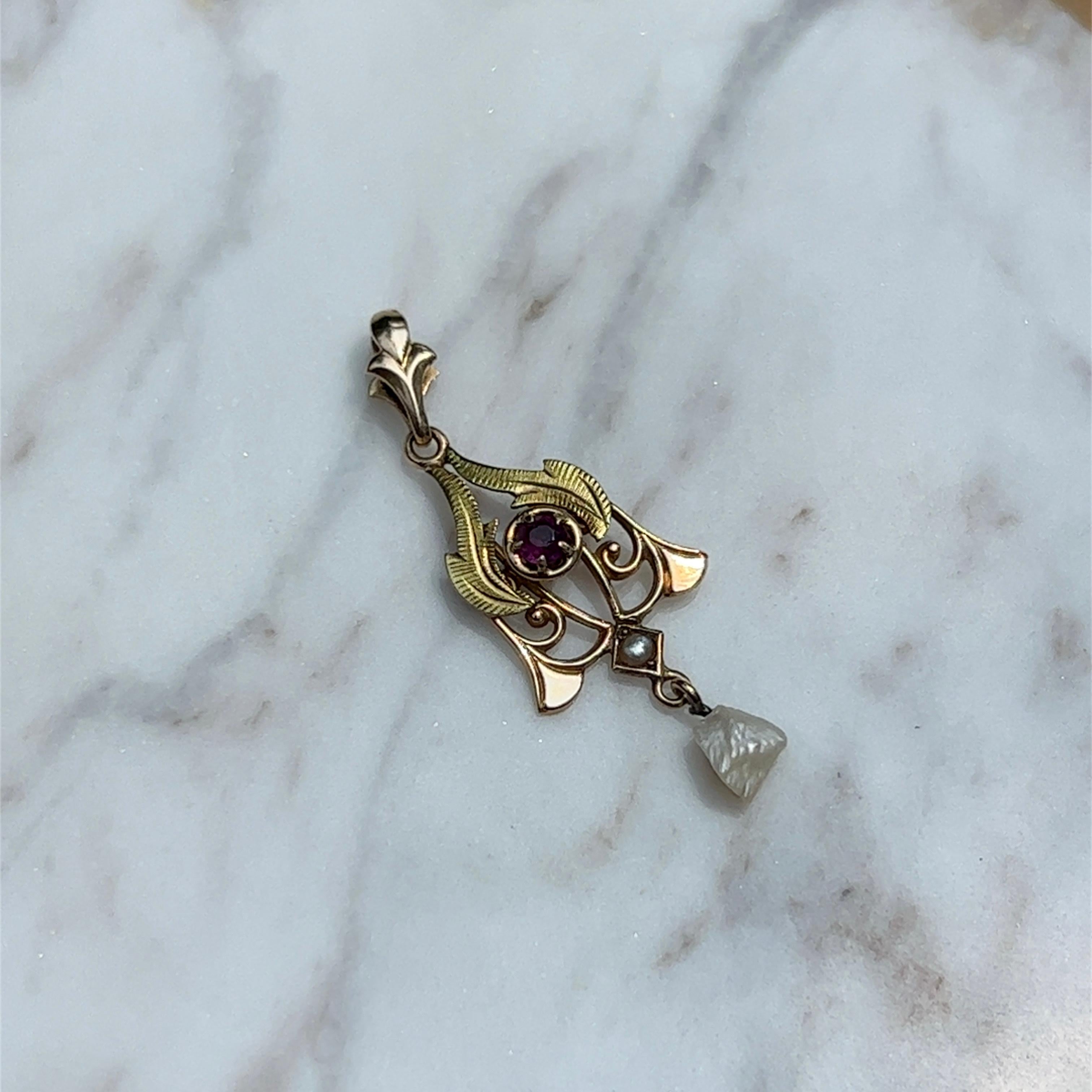 Art Nouveau River Pearl & Pink Sapphire Pendant in 10K Yellow Gold 2