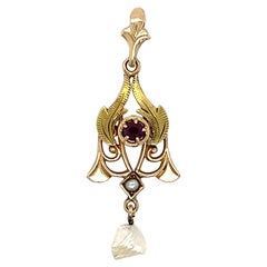 Art Nouveau River Pearl & Pink Sapphire Pendant in 10K Yellow Gold