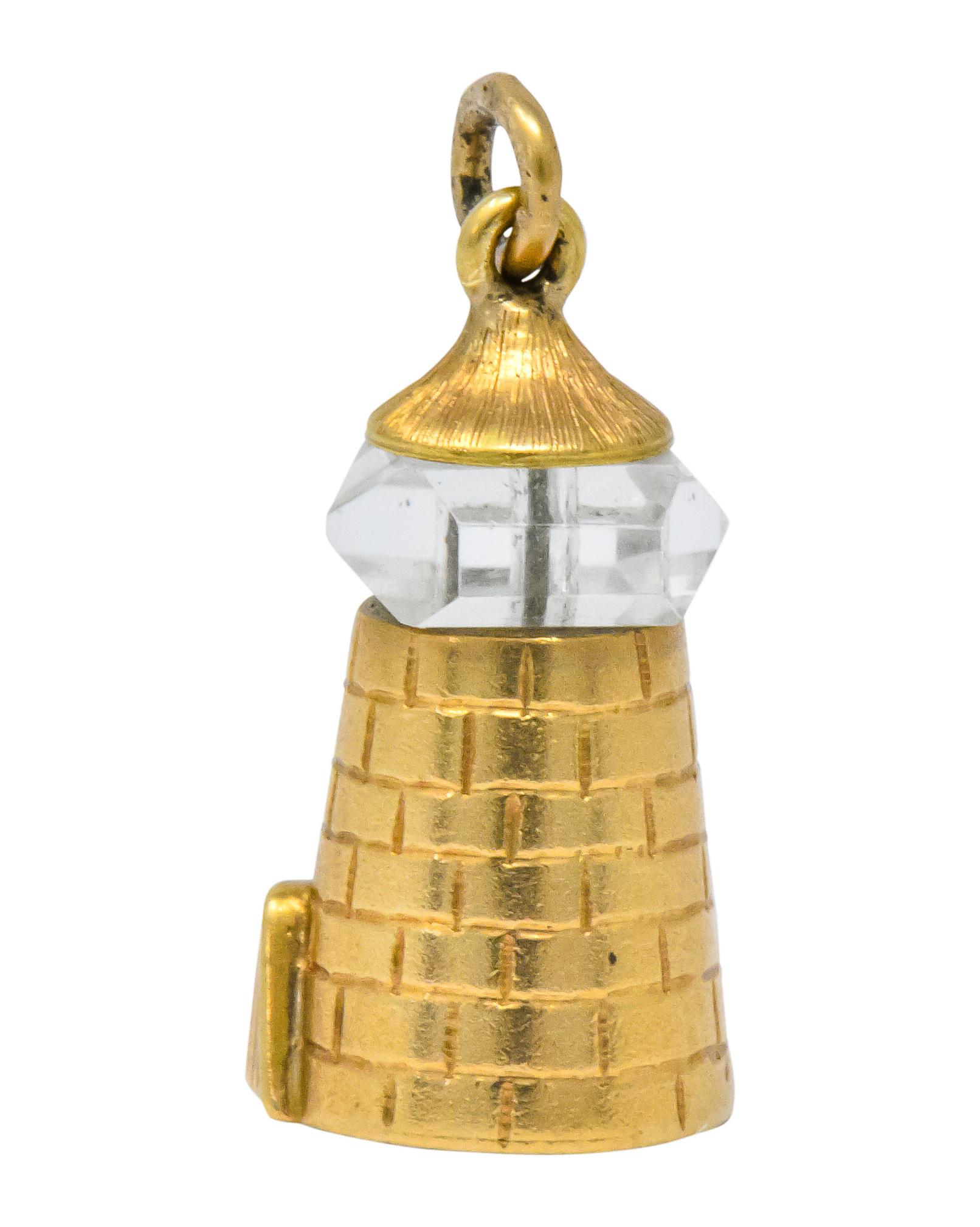 Women's or Men's Art Nouveau Rock Crystal 14 Karat Yellow Gold Lighthouse Charm