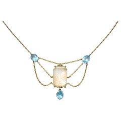 Antique Art Nouveau Rock Crystal Mother of Pearl Aquamarine 18 Karat Gold Swag Necklace