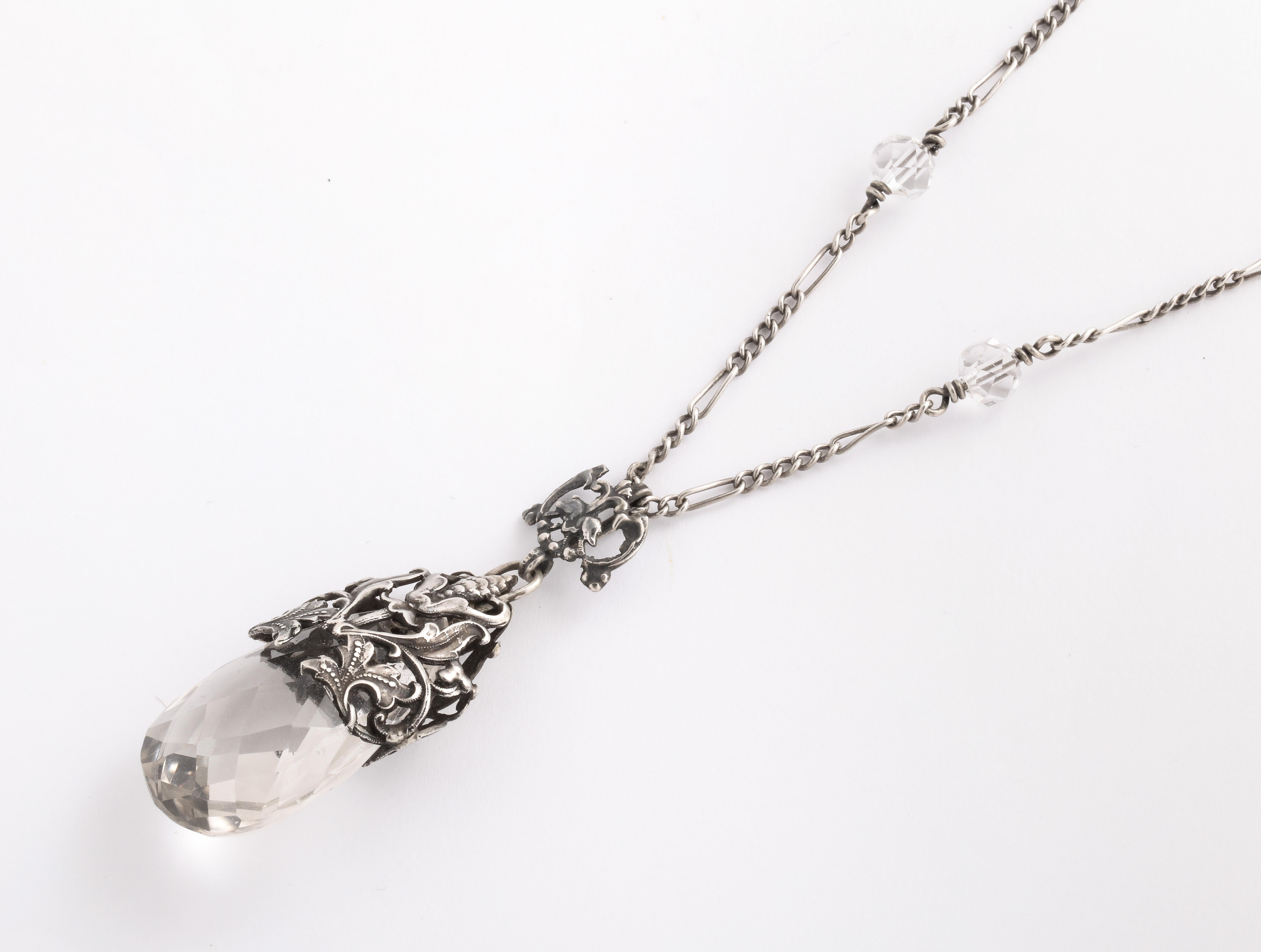 Pear Cut Art Nouveau Rock Crystal Sterling Necklace For Sale