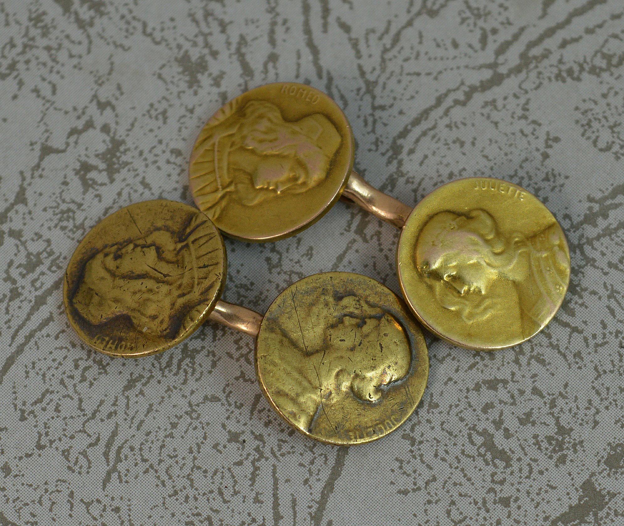 A highly unusual and rare pair of cufflinks.
Solid 14 carat yellow gold example.
Formed as circular discs with images depicting Romeo and Juliet to each half.
Circa 1905.

CONDITION ; Very good for age. Crisp links. Busts with light general wear and